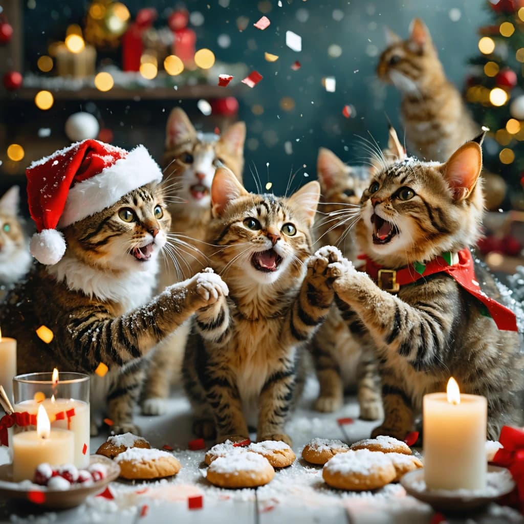 Create a high-quality, cinematic image capturing a joyful chaos of cats dressed as Santa Claus and elves. They are hosting a vibrant Christmas party, dancing on a table lavishly covered with cookies and milk. The scene is filled with confetti fluttering through the air, surrounded by glowing Christmas decorations that add a magical touch. Emphasize the soft, warm candlelight glow to enhance the festive mood, with the lighting casting dramatic shadows and highlighting textures, especially the velvet costumes and the fur details. Capture this moment from a dynamic low angle, focusing on exaggerated expressions of joy and surprise, particularly a Santa cat greeting an elf in the midst of their dance. The composition should feature a diagonal arrangement of characters, with shallow depth of field to accentuate the main subjects against a backdrop of soft-focused festive decor. The color palette should be dominated by reds and greens, complementing the overall joyous, Pixar-style realism. Ensure the image has sharp focus, realistic textures, and embodies the essence of professional photography with a touch of magical effects through the glowing decorations.