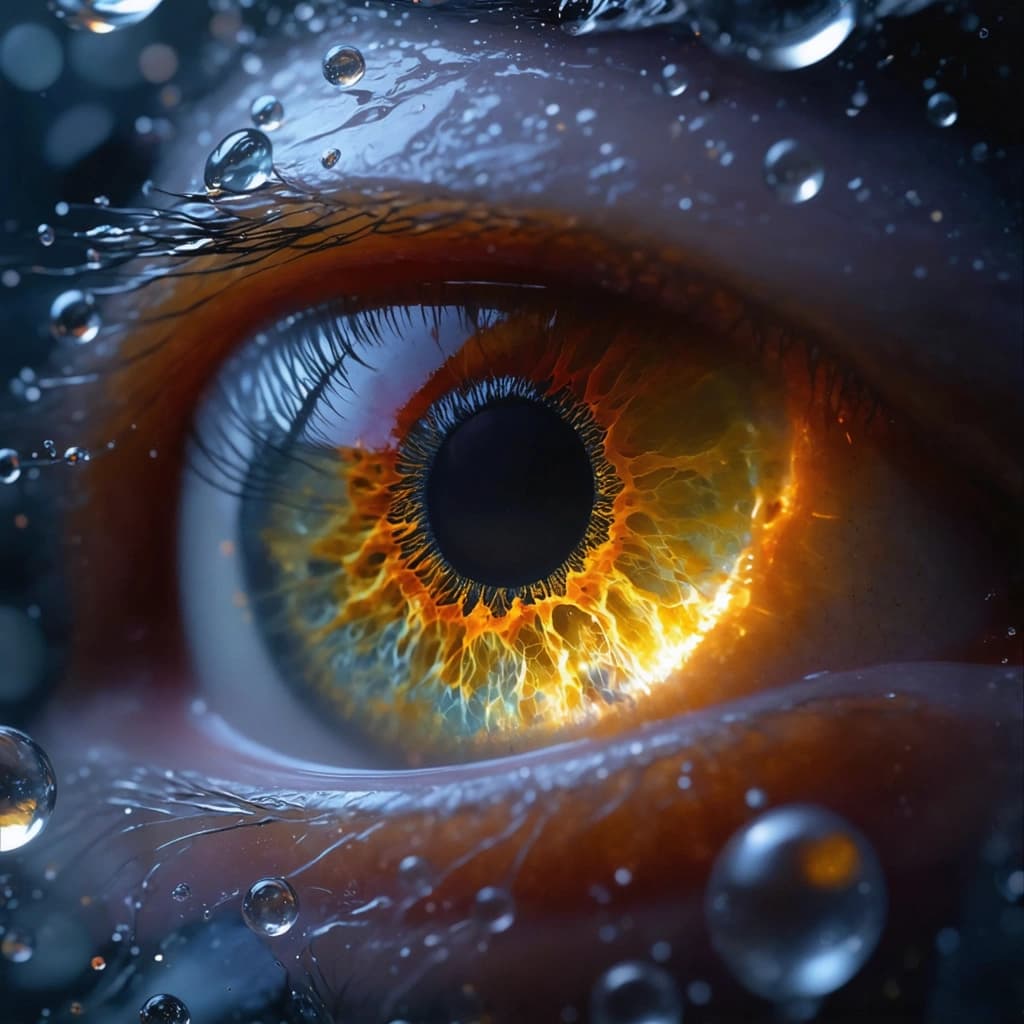 A hyper-realistic, isolated human eye retina floating in a surreal aquatic space, with no outer eyeball or surrounding features visible—only the retina in full anatomical detail. The retina is richly textured, featuring fine blood vessels, a glowing optic disc, and intricate neural patterns in shades of deep crimson, amber, and violet. It appears slightly translucent with subtle inner luminescence. Surrounding the retina are crystal-clear water bubbles of varying sizes, some overlapping or magnifying portions of the retina’s surface, with realistic light refraction, internal reflections, and soft lensing effects. The background is a deep, moody gradient of oceanic blue and black, with soft ambient lighting and a faint shimmer, evoking a sense of floating in a fluid dimension. Ultra-HD cinematic macro rendering, sharp anatomical precision, surreal sci-fi-medical fusion, photographed with a 100mm macro lens, f/2.0, soft focus edges.