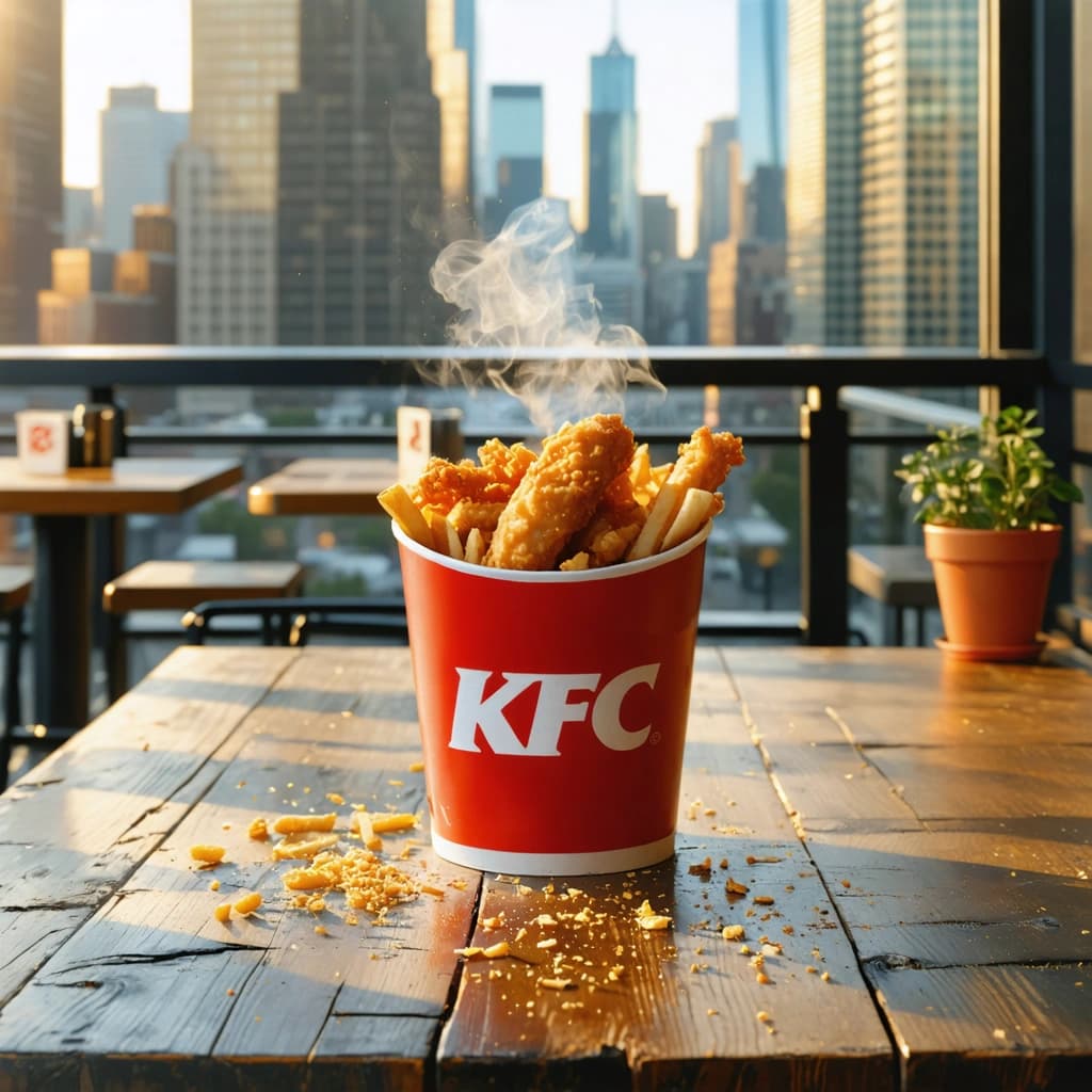 Craft a hyper-realistic photographic masterpiece featuring a KFC bucket placed prominently at the center of the frame on a rustic wooden table, set against a modern urban backdrop — think city terrace, skyline, or outdoor café ambiance. Surround the bucket with a side of golden fries and subtle crumbs for authenticity.
The scene unfolds during golden hour, with warm sunlight streaming through nearby buildings, casting soft, dynamic shadows across the table. Employ a shallow depth of field so the city lights and architecture blur gently in the background, drawing sharp focus to the crispy fried chicken, glistening with a golden crunch.
Highlight steam rising from the hot chicken and warm reflections on the wooden surface for a sensory touch. Add a slight vintage filter with warm, cinematic color grading, and include macro texture details of the chicken’s coating to emphasize realism.
Use a low, dynamic camera angle to give the composition grandeur and intimacy, following the rule of thirds subtly while keeping the KFC bucket as the central visual anchor. The overall composition should feel cozy yet modern, embodying a city picnic vibe with minimal negative space and a balanced, inviting aesthetic.