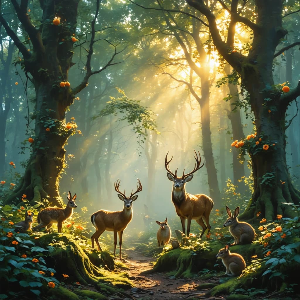 "A mystical Indian forest in the hush of dawn, awash in soothing oranges and yellows as the morning sun starts to illuminate the horizon. Luminescent trees and blossoms gradually awaken, shedding a soft, ethereal glow. Inquisitive woodland creatures such as deer, hares, owls, and more, emerge from the dense undergrowth, adding an element of quiet fascination. The scene exudes a tranquil, otherworldly ambiance with subtle pastel tones and smooth brushwork.