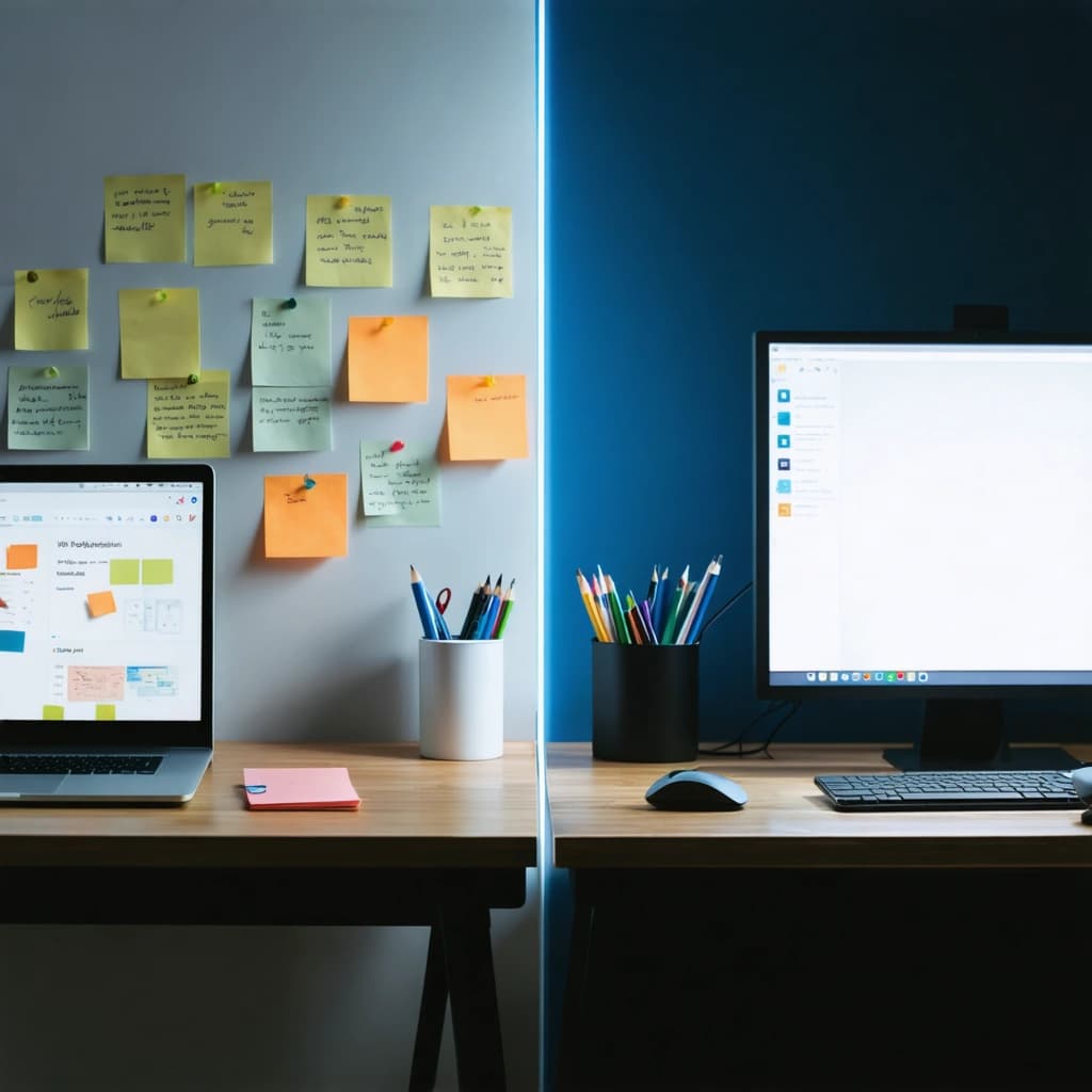 Create a visually compelling wallpaper showcasing a stark contrast between two worlds of productivity. On the left, capture the essence of chaos with a desk cluttered with overlapping sticky notes, an open laptop amidst a sea of browser tabs, all engulfed in dull tones to enhance the overwhelming nature of disorganization. On the right, depict a serene, minimalistic workspace; a bastion of clarity with a single, vibrant, intuitive UI glowing on the screen, set against a backdrop of high-contrast tones that pop with life. The clean side should feature smooth surfaces that reflect a soft ambient light, highlighting the cleanliness and order. The division should be a seamless transition from chaos to clarity, symbolizing the journey from disorder to efficiency, all within a side-by-side layout that captivates and inspires.