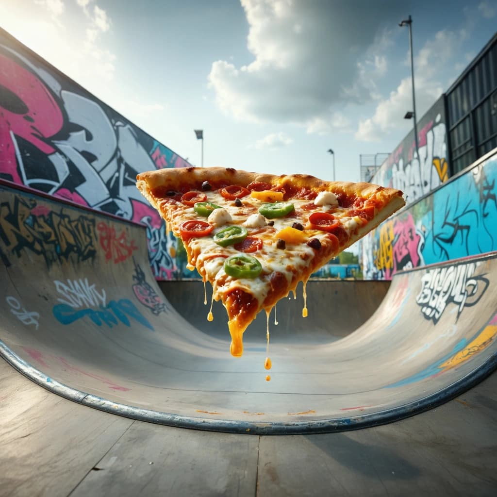 Craft an engaging and appetizing food photography image featuring a slice of pizza performing an extreme skateboarding trick on a ramp. The scene unfolds within an urban skatepark setting, bustling with abstract background elements that add an unconventional touch. This slice of pizza, adorned with vibrant toppings, showcases dynamic facial expressions, bringing the scene to life. It's mid-action on a detailed skateboard, capturing the essence of motion with a slight blur effect to emphasize speed and movement. The composition thrives on dynamic angles and perspectives, utilizing contrast lighting to highlight the pizza's texture and bold colors. Close-up shots reveal the intricate details of the toppings and skateboard, complemented by a shallow depth of field that blurs the bustling skatepark background, focusing attention on the action-packed pizza. Incorporate halftone filters for a stylish post-processing effect, and creatively depict a before-and-after sequence that narrates the pizza's daring jump, all while maintaining an appetizing, professional appearance.
