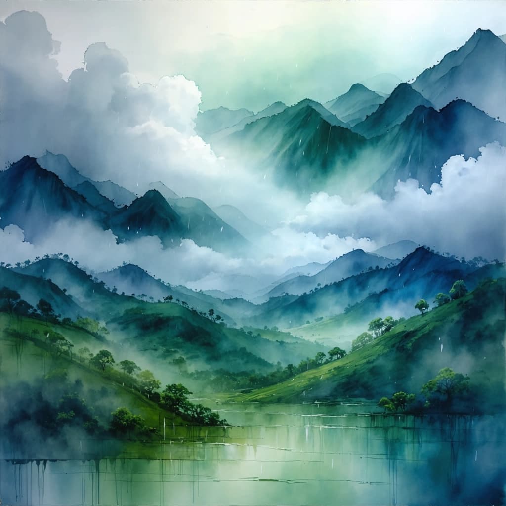 Imagine lush green hills rolling under a sky heavy with monsoon clouds, the scene captured in the fluid, dynamic medium of watercolor. The essence of the rain is brought to life with blurred raindrops cascading down, reflecting on the wet leaves and earth, creating a canvas filled with soft bleeding edges where deep blues merge into vibrant greens. Enhance the watercolor effect by increasing saturation, letting the cool colors dominate in an asymmetrical layout that feels both dynamic and expressive. Introduce texture through the detailed patterns of leaf veins and the soft blend of elements, achieving depth through increased shadows and the play of light and shadow, specifically backlighting effects that hint at the hidden contours of the landscape. Add an emotional layer with a misty atmosphere, incorporating fluid abstract shapes that suggest motion. Within this abstract composition, subtly include silhouettes of fantasy creatures, adding a touch of the surreal to the natural beauty, evoking a sense of wonder and mystery.