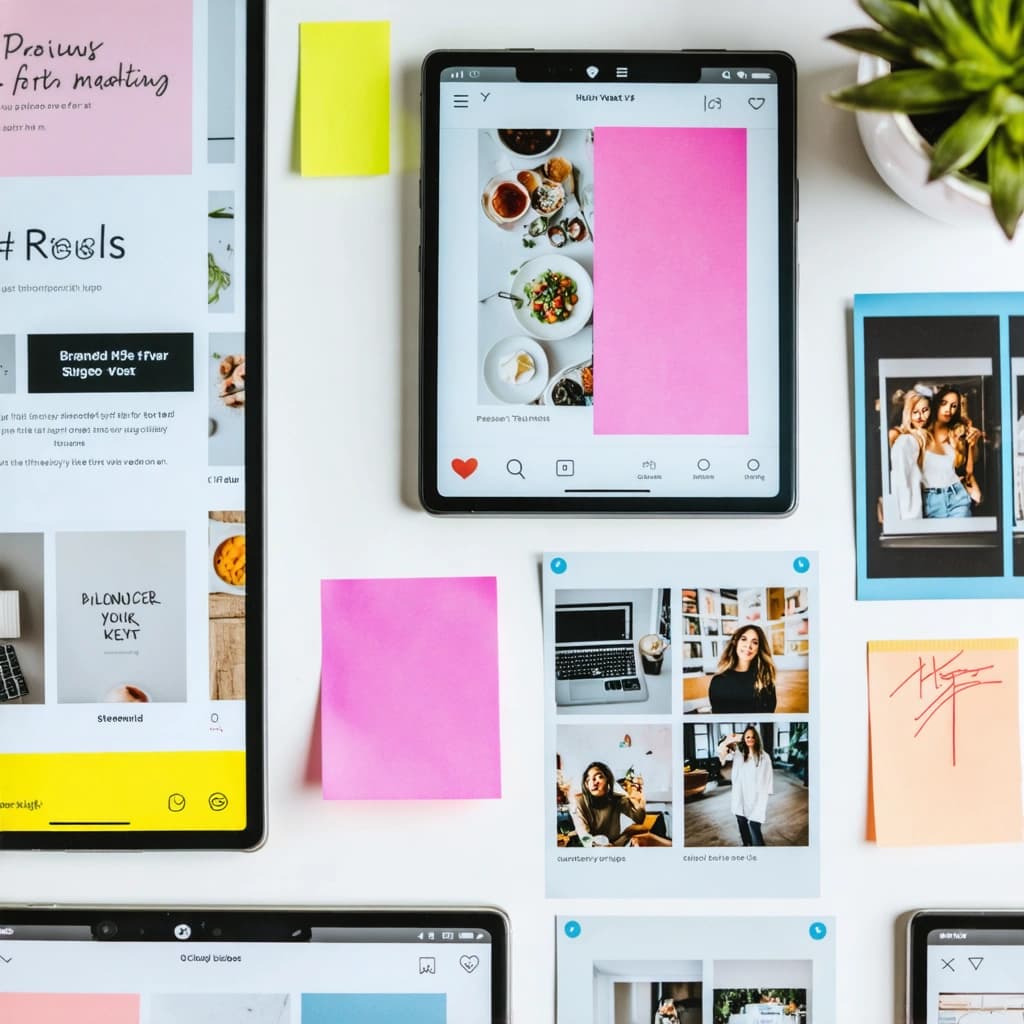 Marketing moodboard focused on social media campaign launch — smartphone screen mockups showing post previews, Reels thumbnail frames, colorful content blocks, influencer mood shots, branded hashtags written in bold pen, sticky notes with KPIs, pastel sticky tabs, video frame markers, modern font samples, soft daylight aesthetic, creative desk flat-lay style, highly visual and youthful”