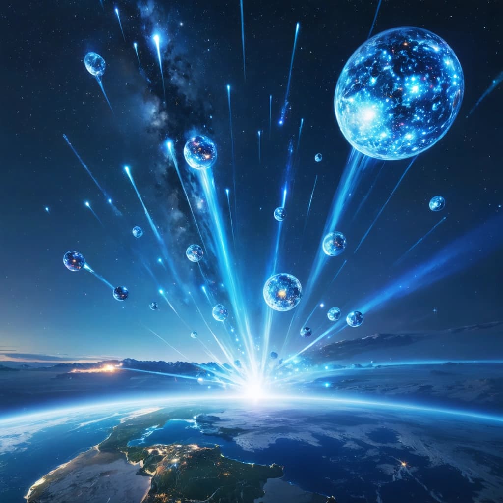 A digital painting of a dramatic night sky filled with massive, spherical meteors descending toward Earth. These meteors are not just streaks of light — they are large, glowing orbs with intricate retina-like layering patterns on their surfaces. Each sphere radiates icy colors: white, frozen blue, deep blue, and turquoise. The meteors cast a surreal glow as they fall, leaving shimmering trails through the dark sky. The Earth below is a vast, frozen landscape, reflecting the ethereal light from above. The scene is intense, majestic, and otherworldly — a striking blend of natural beauty and cosmic spectacle.

