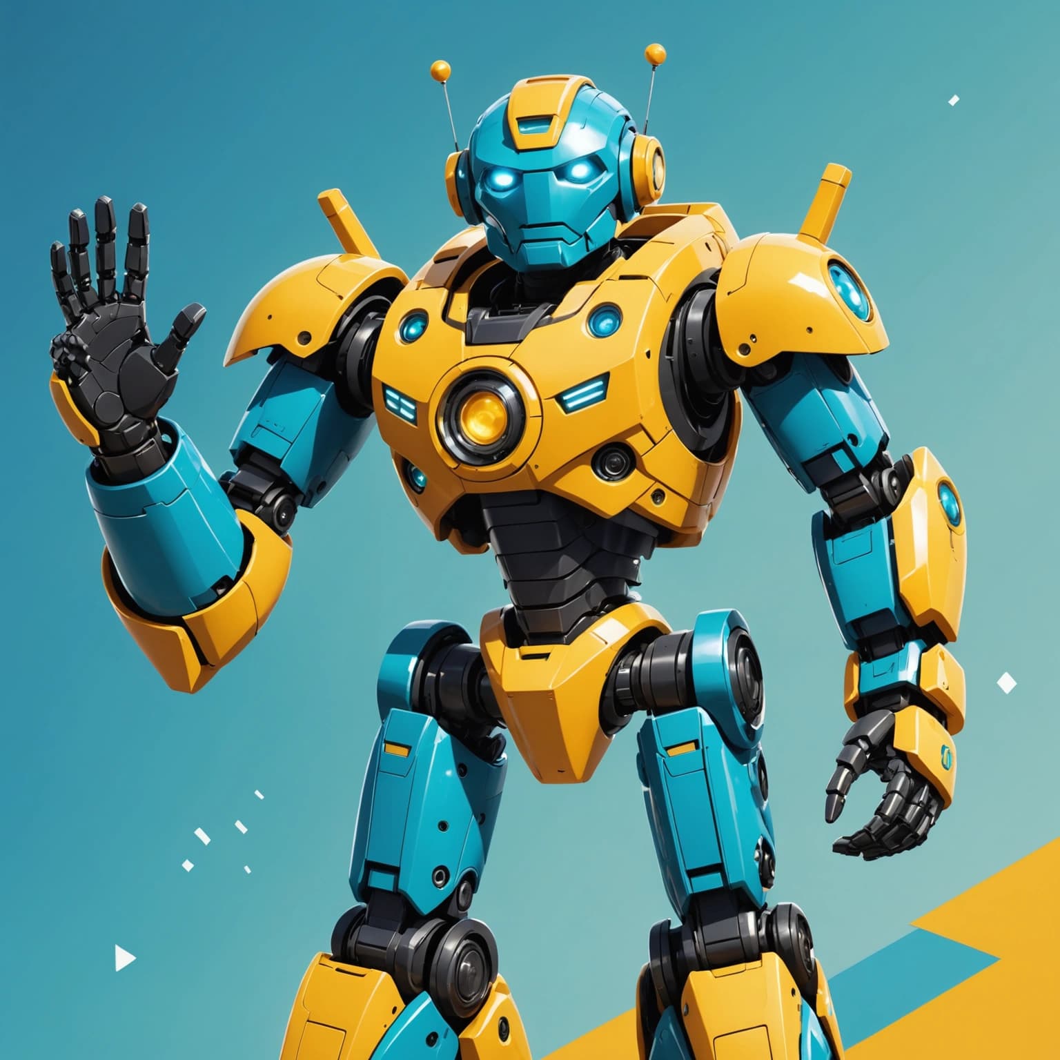 Create a hero-banner featuring a friendly robot as the main subject, capturing it in a dynamic, waving pose, with one hand raised and a slight body tilt to exude warmth and approachability. The robot should have big, bright eyes and a wide, smiling mouth, emphasized by colorful accents in yellow, blue, and green to evoke a cheerful and welcoming feel. Position the robot slightly off-center in a whimsical, futuristic cityscape or landscape, utilizing soft, diffused lighting to highlight its metallic textures, reflections, and give it a gentle glow. The camera angle should be slightly low to enhance the robot's friendly demeanor. Incorporate a digital speech bubble with a friendly greeting, ensuring the robot appears oversized compared to the background elements for a focal impact. The overall composition should be clean, professional, with a wide format that's impactful, utilizing bright and cheerful colors, and integrating futuristic elements to place the robot in a modern context.