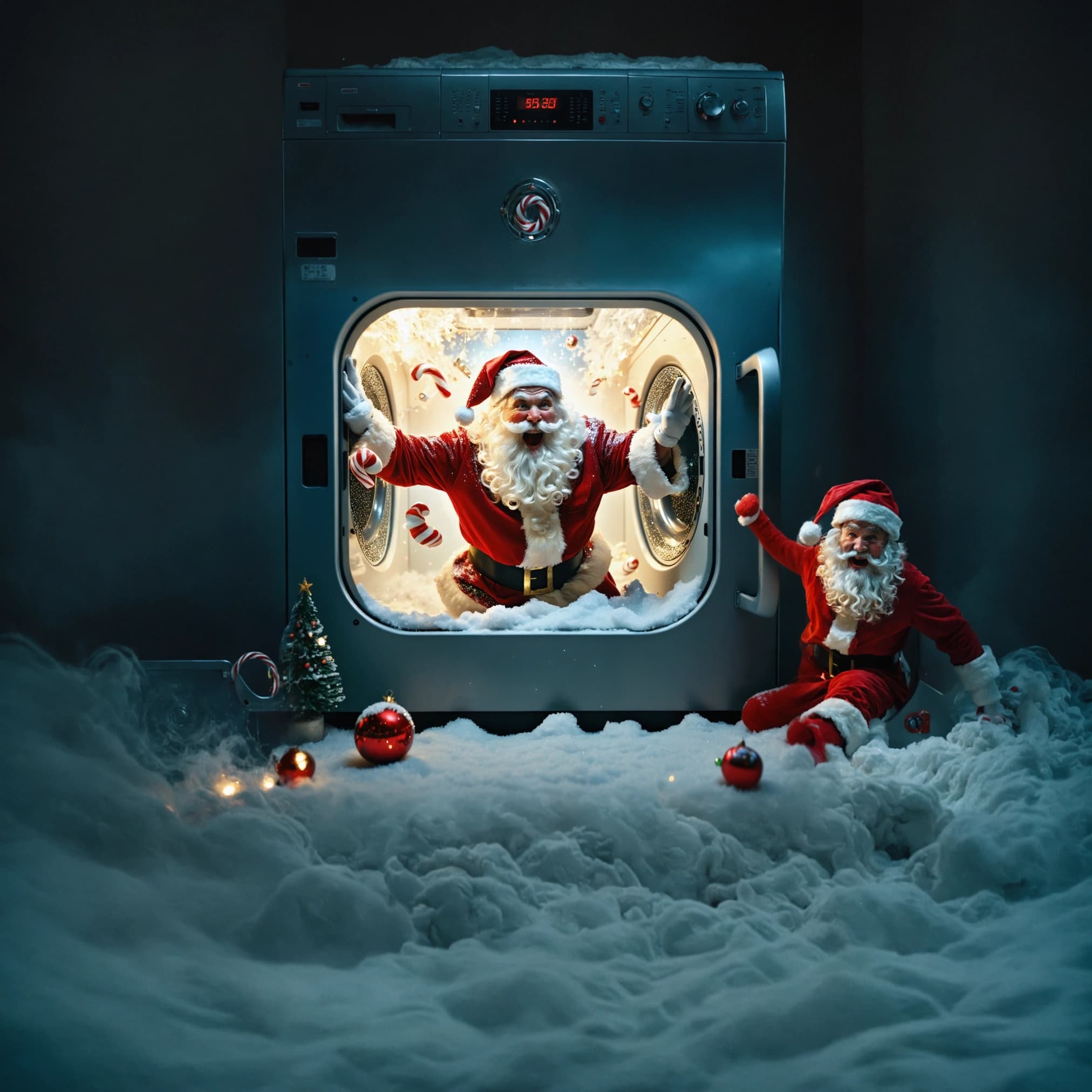 Create a photographic image capturing a surreal Christmas scene inside a cozy, warmly lit home. In this cinematic wide shot, the main subject is Santa Claus humorously spinning inside a transparent, vintage washing machine. His iconic hat and fluffy white beard are comically pressed against the glass, while colorful socks and candy canes swirl around him in a dynamic dance, adding motion blur to convey movement. The scene is bathed in soft, warm lighting that highlights the hyper-realistic textures of the scene, from the vintage washing machine's intricate details to the individual fibers of Santa's suit. Elves are seen in the background, their laughter almost audible, contributing to the overall humorous tone. The composition adheres to the rule of thirds, ensuring a visually balanced image. A shallow depth of field keeps the focus squarely on Santa's expressive face, letting the background blur slightly to enhance the intimate atmosphere. The color palette is vibrant and playful, with a high contrast and saturation boost that makes the scene pop. Special effects like a glitter overlay add a magical touch, emphasizing the festive spirit. The image is envisioned in 8k resolution to capture the rich, detailed textures and the softness of the warm lighting, making the scene appear as if it could be a moment frozen in time from a high-budget holiday film.