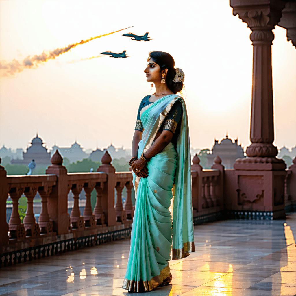 Create a photorealistic 8k resolution image capturing the essence of a graceful Indian Air Force wife. She stands alone on a terrace at dusk, her posture embodying both strength and serenity. She is draped in a soft pastel saree, with subtle fabric textures visible, her hair gently caressed by the wind. Her gaze, filled with a mix of emotion and pride, is directed towards the sky where fighter jets trace paths above, symbolized by a fading aircraft trail. The scene is bathed in the soft golden light of the golden hour, casting dramatic silhouettes and highlighting the serene yet powerful ambiance of the moment. In the background, a subtle Indian flag flutters, adding a layer of depth and patriotism to the composition. The entire setting is designed to evoke feelings of quiet courage, solitude, and unwavering devotion, with a shallow depth of field focusing on her subtle smile and the emotional depth in her eyes. The mood is cinematic, filled with the drama of the moment and the peaceful solitude of the setting, enhanced by the soft pastel tones and the subtle effects of the wind.