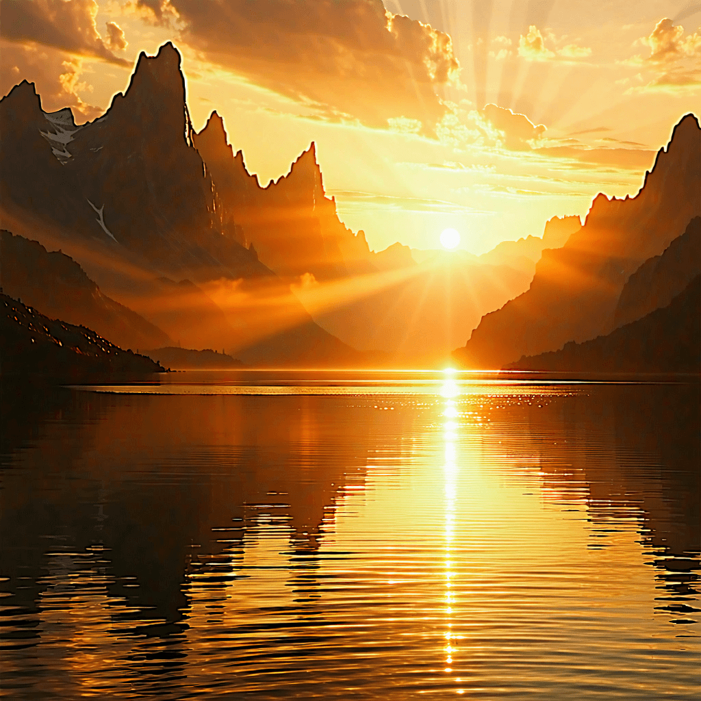 Craft a photorealistic image capturing a high-resolution, awe-inspiring sunrise over a rugged mountain range, with the sun slightly off-center, bathing the scene in soft golden hour light. The serene water at the mountains' base—be it a calm lake or a gently rippling sea—mirrors the sun's ascent, adorned with golden ripples and subtle glimmers. The mountains, majestic and textured, are silhouetted against a sky ablaze in yellow, orange, red, with touches of brown and dusty pink at the horizon, showcasing a professional photography level of detail, including sharp focus and realistic textures. The lighting casts long, warm reflections on the water and soft light over the mountains. Enhance the atmosphere with mist hovering over the water, wet shoreline rocks, and sparse vegetation, setting a mood that's both warm and introspective, directing the viewer's gaze towards the sun's golden emergence. The composition balances technical precision and artistic beauty, with a focus on natural lighting, color harmony during the golden hour, and a cinematic composition that includes dynamic elements like gentle waves and static ones like the rugged mountain textures.