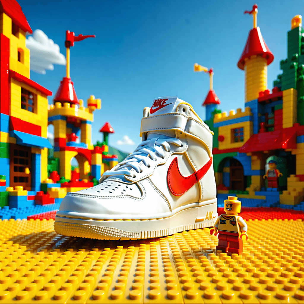 Create a photograph capturing a whimsical adventure, reminiscent of a Toy Story narrative, where a giant white Nike sneaker with a vibrant red logo stands imposingly in the center of Lego Land. This scene is bathed in the soft, natural light of early morning, casting long shadows that add depth and intrigue. From a low angle perspective, utilize a shallow depth of field to sharply focus on the sneaker, making its texture and the red logo pop against the colorful, blurred backdrop of Lego constructions. The composition should employ forced perspective to exaggerate the shoe's size, creating a playful comparison with a small human figure marveling at the sight, thereby enhancing the scale and proportion. Incorporate high-definition clarity to capture the texture of both the sneaker and the Legos, ensuring the scene is vibrant with high contrast and the colors of any playful elements, like colorful balloons, are vivid. The logo's integration should be subtle yet unmistakable, contributing to the story without overwhelming the scene.