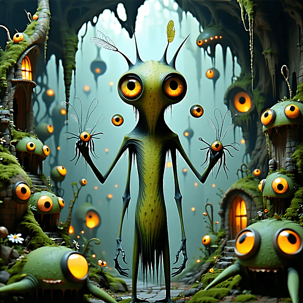 Envision an otherworldly scene where the main subject, a rust-colored GRu with a long, elongated face, devoid of a torso, and multiple limbs, stands at the center of a whimsical yet mysterious tableau. This creature, adorned with oversized, bioluminescent limbs that glow with an inner light, attempts to juggle its many eyes, each eye reflecting the surreal surroundings. The GRu's eyes are not only exaggerated in size but also flutter with delicate butterfly eyelashes, adding a touch of whimsy to its already unique anatomy. Its skin, textured like aged, flaking rust, contrasts sharply with its vibrant, glowing limbs. The scene is set against a backdrop of floating islands, each island a fragment of a fantasy world suspended in the ether, with ethereal lighting casting otherworldly glows and shadows across the landscape. Floating clocks, symbols of the passage of time and the surreal, hover around the GRu, their hands spinning in impossible directions. The creature balances precariously on a cosmic wire, a symbolic gesture of its attempt to maintain harmony amidst chaos, its movements leaving blurry motion trails that emphasize dynamic movement. The composition is balanced, with symmetrical eye patterns that bring a sense of order to the creature's chaotic form, all the while enhancing the scene's mysterious and atmospheric mood. This concept art should merge cinematic quality with detailed, moody atmospherics, playing with scale, proportion, and surreal elements to create a visually compelling piece.