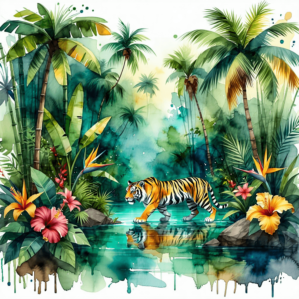 Craft a watercolor painting that encapsulates a vibrant and enchanted jungle scene, where the lush, layered vegetation of palm trees, banana trees, coconut trees, bamboo, and an array of tropical flowers like bird of paradise and hibiscus, come to life with rich, vivid colors. In this dense, interconnected ecosystem, a majestic tiger, detailed with striking realism, serves as the focal point, walking gracefully through the jungle. The scene is alive with movement and energy, as wind-blown foliage and textured tree bark add depth and dimension, while crystal clear water reflections and enchanted lighting imbue the scene with a magical quality. The biodiversity of the jungle is highlighted, symbolizing the circle of life through elements of life and decay, with mysterious shadows adding intrigue. Ensure the composition balances realism with fantasy, creating a narrative that's both expressive and engaging, where the subtle inclusion of audio symbols suggests the immersive sounds of the jungle, completing this story illustration of a tropical paradise.