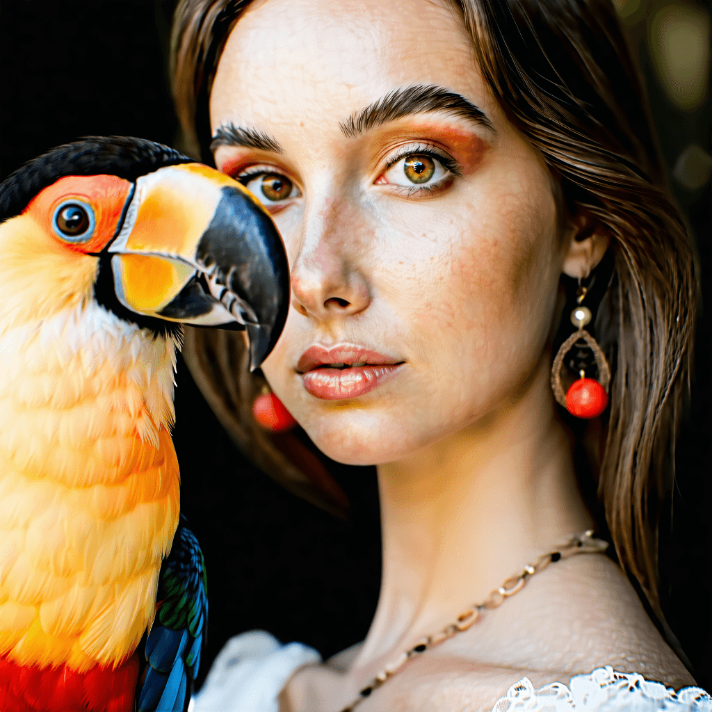 Create a hyperrealistic photographic image capturing a serene moment between a model and a toucan. The model, with a fair complexion and brown hair, gazes into the camera, her hazel eyes enhanced by toucan-colored makeup, reflecting the vibrant hues of the toucan perched gently in her hand. Close-up framing focuses on the intricate details of this interaction, emphasizing the soft, diffused lighting that casts a whimsical glow. The model's big colorful wooden bangles complement the toucan's feathers, while her nude-colored nails and lips add a subtle touch of elegance. The background is a simple blur, allowing the viewer's attention to dwell on the textures of the toucan's feathers and the model's serene expression. The overall composition balances color harmony with a selective focus on the eyes, creating a captivating, enchanting atmosphere.