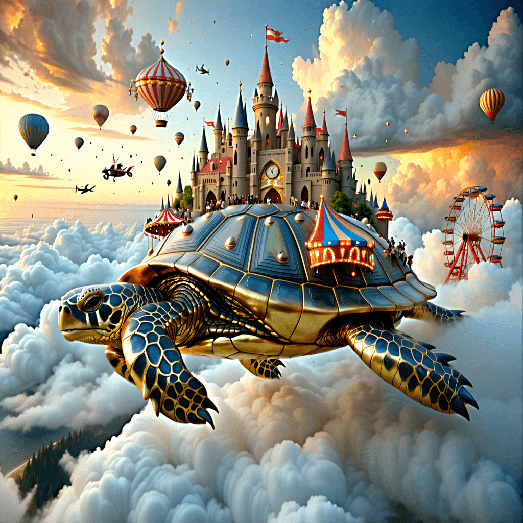 Create a high-resolution, photographic image capturing the breathtaking scene of a carnival floating above the clouds, perched on the back of a colossal turtle that wears an intricate baroque city as its shell. The carnival brims with mismatched antique furniture turned into whimsical rides: brass bed roller coasters weaving through the air, gramophones with spinning tea cups, and a Ferris wheel meticulously constructed from grandfather clocks. The sky, a canvas of pastel tones, is alive with giant flying fish adorned with hot-air balloon fins, gracefully carrying candy vendors among islands of swirling confetti storms. Multicolored bubble comets streak the sky, while music notes dance between clouds with a soft neon glow, creating a dreamlike atmosphere. Capture this scene from a wide-angle perspective to emphasize the scale and grandeur, employing an S-curve composition that guides the eye through the carnival's delights. Soft focus effects should lend an ethereal quality to the image, with detailed carnival rides and floating objects highlighted by magical glow effects. In the midst of this fantastical setting, a child with a television for a head conjures doorways to absurd dimensions, painting them onto the thin air. Each portal reveals a realm more bizarre than the last—one showered in upside-down rain, another inhabited by walking pineapples wearing monocles. The lighting should cast a magical glow, enhancing the dreamlike quality, with textures detailed enough to bring the carnival's eccentricities to life. Motion blur will add a dynamic feel to the scene, capturing the essence of movement and action.