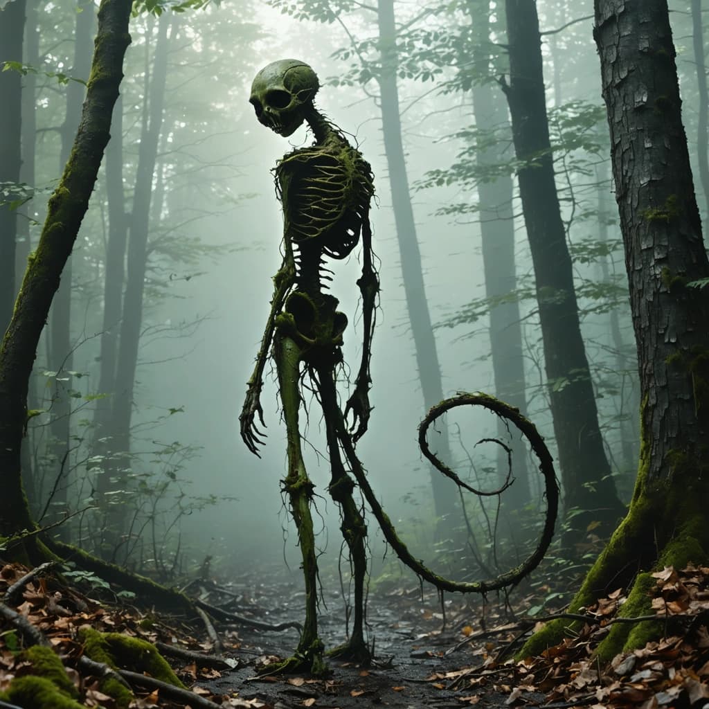 A haunting creature with its face on the back of its head, always staring behind. Its limbs bend in unnatural, reversed angles, creating a distorted, eerie silhouette. The creature’s skin is textured like cracked bark and dry, weathered hide. Its thin torso reveals exposed ribs wrapped in strands of dried sinew and forest fibers. One oversized hand drags behind it like a limp tail, knuckle-bones scraping the forest floor. Bits of dirt, moss, and bone fragments are embedded in its body, which looks crudely stitched together from woodland debris. It stands in a misty, dreamlike forest under muted light. Rendered in natural earthy tones—mud brown, dust gray, faded moss green, and muted gold. Watercolor illustration style, high detail, dark fantasy concept art, unsettling but organic