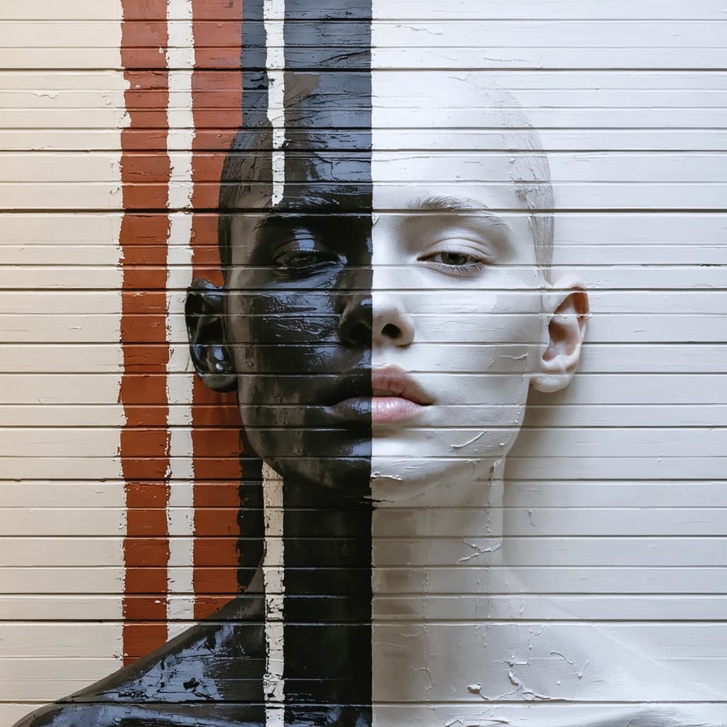 Create a photographic image capturing a person whose face and neck blend seamlessly with a wall behind them. The wall's paint has a velvety texture, featuring off-white, rust, black, and horizontal stripes. Utilize soft directional lighting from above to enhance the high-resolution texture mapping of the camouflage, emphasizing the natural look and subtle blending of colors. Focus on the eyes with selective color enhancement, adding depth through reflections in the paint. The image should have a tight crop around the face, experimenting with a shallow depth of field for a mysterious atmosphere. Incorporate subtle animal motifs in the camouflage, with an overhead angle adding drama. Aim for a surreal atmosphere through distorted perspective, emphasizing facial expressions and skin texture. Experiment with blurred background motion and mirror reflections of the eyes for added depth and movement, adjusting contrast levels for visual emphasis. The composition should be in 8k resolution, showcasing realistic textures, natural lighting, and a cinematic composition for a professional photography look.