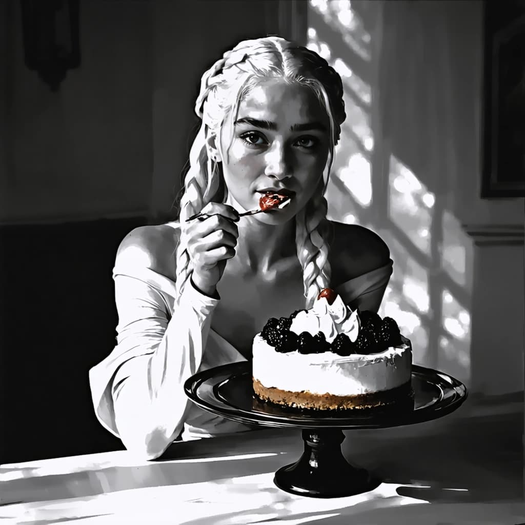 "Create a noir-style monochrome image of Daenerys Targaryen, looking directly at the viewer, while savoring a piece of cheesecake with a mysterious smirk. The setting is an old-fashioned desk lit by dramatic chiaroscuro lighting that emphasizes the contrasting shades of the scene and casts sharp shadows to intensify the composition. Apply the golden ratio to place Daenerys, highlighting her intricately braided hair and the crackling crust of the cheesecake slice. The spotlight is