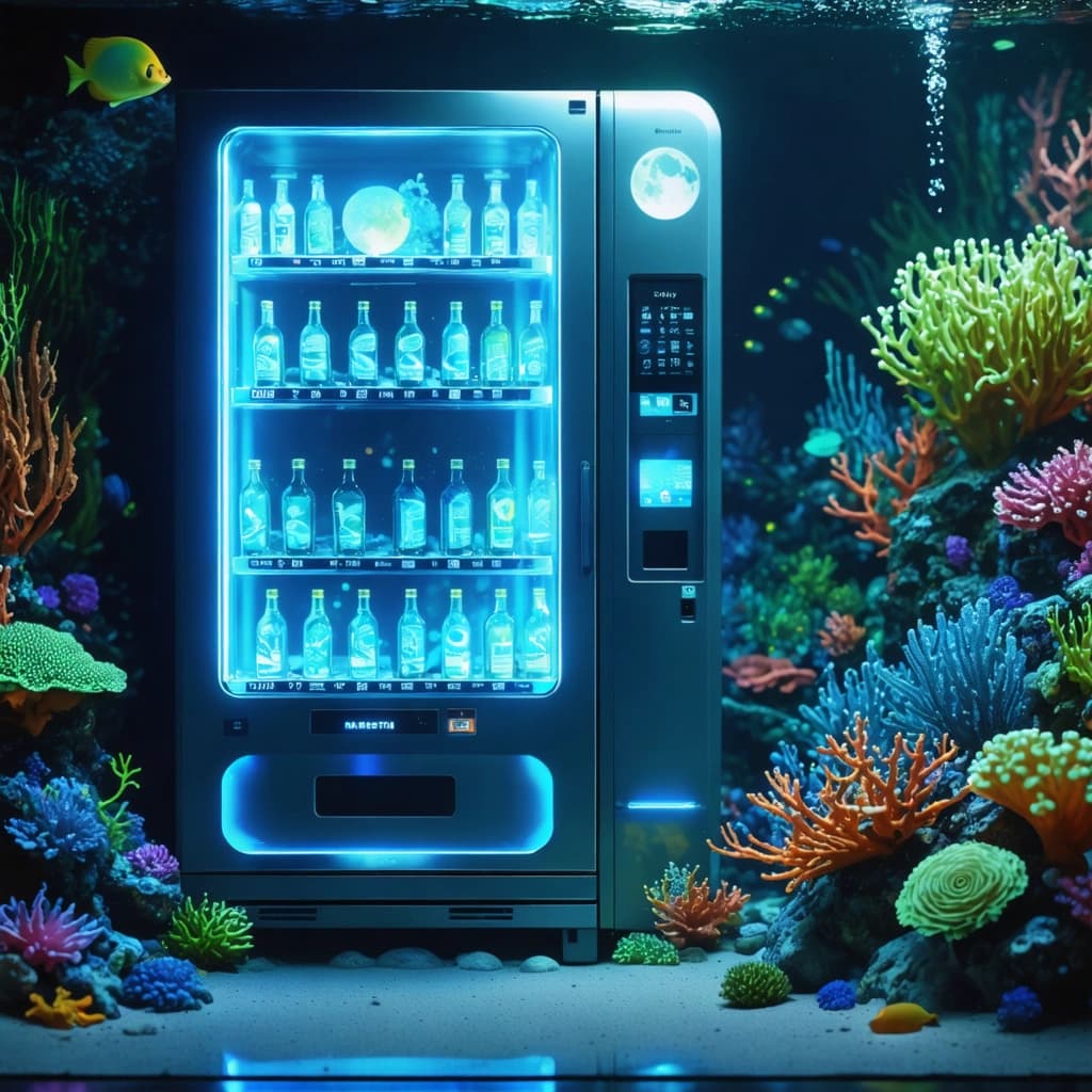 Create a photorealistic, 8k resolution image showcasing a unique vending machine, centrally positioned within the tranquil embrace of a coral reef. This machine, unlike any other, dispenses bottles filled with glowing moonlight. Surround it with realistic coral textures, bathed in soft ambient lighting that highlights the intricate details and vibrant aquatic blues and greens of the underwater environment. The composition should include foreground layers of seaweed adding depth, while curious marine life investigates this anomaly. Glowing moonlight bottles should emit a soft, ethereal light, casting subtle reflections on the nearby corals. The scene is to be enveloped in a mystical atmosphere, with ethereal mist effects and rippling water distortions enhancing the magical feel. A single bottle, distinct from the rest, carries a message inside, hinting at a deeper narrative. The image should capture the magical interaction dynamics between the marine life and the vending machine, with a cinematic composition that evokes a sense of wonder and discovery.