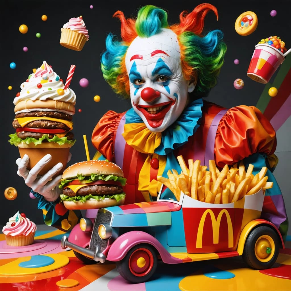 Envision a colossal, vibrant McDonald’s clown engaged in the playful act of serving an oversized, 3D burger, fries, and a McFlurry from an abstract, geometrically distorted car. The scene is alive with a kaleidoscope of complementary colors, where the textures of the food and clown attire are surreal, blending marbled and translucent overlays that hint at hidden messages within the composition. The playful vibe is accentuated by the flow of flowing lines and levitating objects around the clown, creating a dynamic sense of fluid motion. Shadows and light dance in a dramatic contrast, highlighting the surreal textures and creating depth. The background is an abstract pattern of organic shapes, with elements of geometric abstraction introducing a sense of distorted realism through scale variation and spatial distortion. This abstract artwork should feel like a whimsical, thought-provoking play on the familiar, juxtaposing symbols of fast food with an expressive, unique abstract art style.