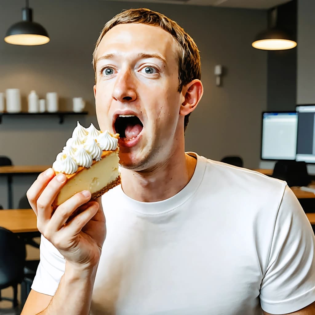 "Design a humorous, sepia-toned portrayal of Mark Zuckerberg, in his staple simple t-shirt, unexpectedly biting into a cheesecake. The background subtly implies the Meta office, represented by futuristic, high-tech decorations. This scene should have a playful, uniform lighting that softens Zuckerberg's features, emphasizing the inviting textures of his clothing and surroundings. Arrange Zuckerberg off-center, utilizing the golden ratio for a more engaging image. Maintain a deep field of view."