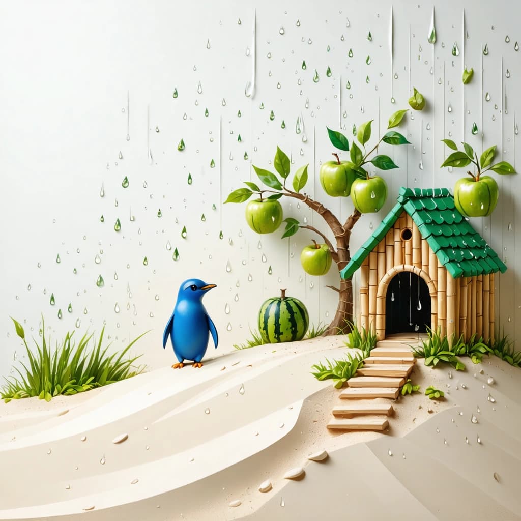 Imagine a whimsical landscape art where a royal blue, isometric penguin emerges from a quaint bamboo house nestled on a vibrant sand dune. It's raining gently, adding a serene atmosphere to the scene. Nearby, apple trees flourish, bearing fruit that intriguingly resembles 3D watermelons, creating a delightful contrast of shapes and textures. The composition is diagonal, guiding the eye through this enchanting tableau. Soft, diffused lighting bathes the scene, highlighting the rich textures of the sand and the glossy wetness of the raindrops. Complementary colors dance between the penguin and the apple trees, while oversized watermelons draw the eye as a captivating focal point. From a bird's eye view, we see tiny footprints trailing the penguin, adding an intimate touch to the vast landscape. The sky above brews with storm clouds, occasionally pierced by lightning, adding drama. Fairy lights and glowing fireflies add a magical glow around the apple trees and bamboo house, respectively. The entire scene is imbued with a sense of wonder, from the curious expression of the penguin to the dew-kissed apple trees, all under a canopy of a stormy, yet enchanting sky.