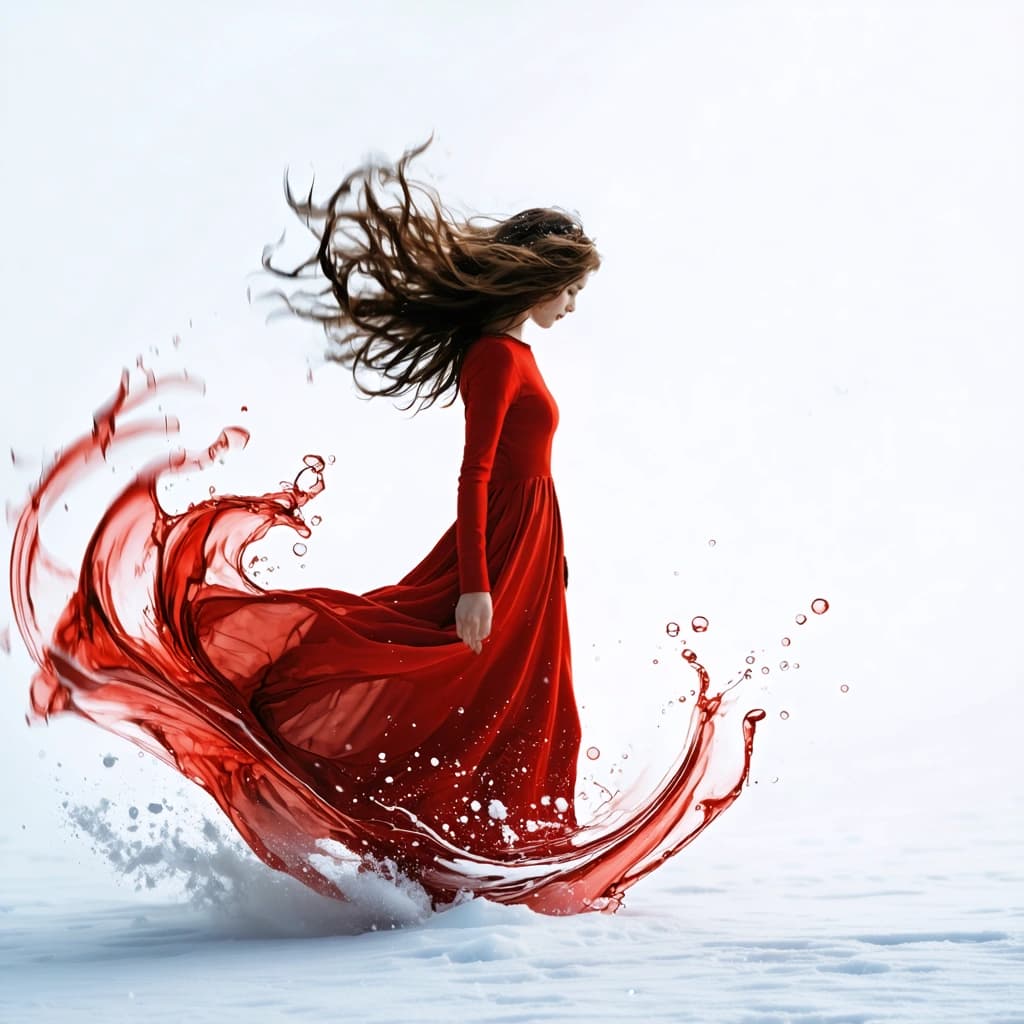 Create an abstract artwork that captures a girl in a red dress with her hair flying, standing amidst snow. The image should radiate movement, with a blurred motion effect making the scene appear dynamic. The girl's hair should be a focal point, illustrated with intricate swirl patterns and a texture that feels alive, almost as if caught in a gentle yet chaotic dance with the wind. Emphasize the contrast, making the red dress pop against a monochromatic background, creating an almost ethereal atmosphere. Incorporate liquid forms to introduce shape distortion, symbolizing fluidity and change, while the glossy highlights add an abstract texture. Dramatic lighting should cast dramatic shadows, enhancing the surreal levitation effect and organic abstraction. The composition should be asymmetrical, balancing the vivid, swirling chaos with serene, untouched snow, reflecting an ethereal balance between movement and stillness. The red dress serves as a symbolic anchor in this whirl of emotions, signifying passion or change amidst the serene, snowy landscape.