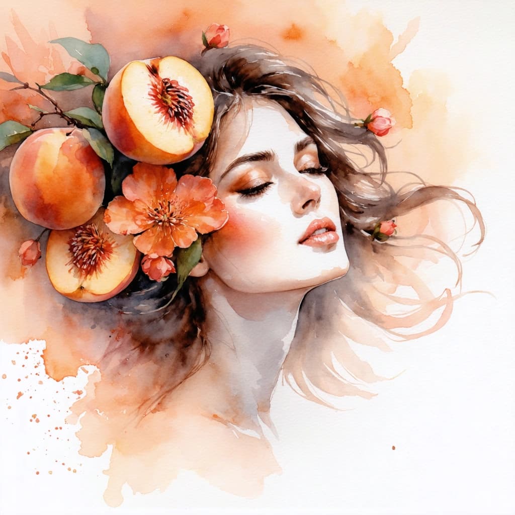 A dreamy watercolor portrait of a woman with warm peach-toned skin and soft fuzzy texture. Her hair flows like silk in soft oranges and rose hues, decorated with peach blossoms and peach slices. Background filled with pastel watercolor blooms in apricot, coral, and champagne. Her expression is gentle and wise. Soft watercolor edges and flowing pigment bleed effects create a romantic, ethereal vibe.

