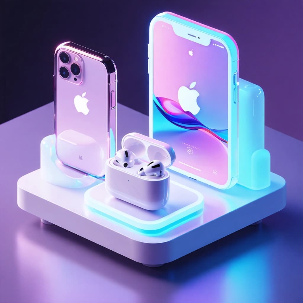 Isometric view of a futuristic 3D printer on a sleek pedestal, printing giant Apple devices — a colossal iPhone, huge AirPods, and massive iPad — all oversized and exaggerated in scale. The devices have smooth, glossy surfaces with glowing Apple logos emitting soft neon light. The scene features vibrant neon and pastel colors blending harmoniously, with a clean gradient background of soft purples and blues. Floating UI elements and futuristic labels hover around the devices showing mock data and progress bars, styled as sleek vector overlays. Composition is balanced with rule of thirds applied in the isometric grid. The overall aesthetic is bold, stylized, minimal clutter, with sharp geometric shapes and glowing accents. Graphic design and concept art style, 8K resolution, ultra-sharp and visually striking.

Suggested Parameters:
--ar 1:1 or --ar 4:3 (for isometric balance)

--style isometric or --style vector-art

--stylize 1200 to 1500 (for strong artistic effect)

--v 5 or latest SDXL

--quality 2 or --hd