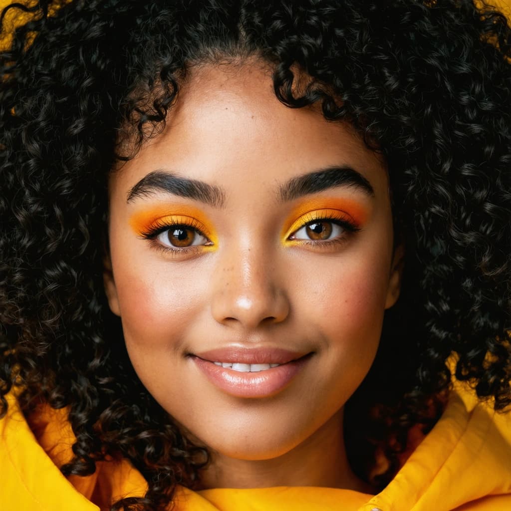 Create a hyperrealistic photograph of a brown-skinned girl with curly hair, featuring a close-up portrait composition. Her makeup is a striking blend of yellow and orange, meticulously detailed for a macro shot that highlights the smooth texture of her skin and the vibrant colors. The lighting should be soft and natural, casting a warm glow that enhances the warm color tones of the image. She gazes directly at the camera with a confident expression and a subtly enhanced smile, adding warmth to her face. The background is neutral, ensuring the focus remains on her. The depth of field is shallow, with the focus sharply on her face, making her stand out against the softly blurred backdrop. The image should have a high-contrast, dramatic effect, with creative cropping for an asymmetrical composition. Add a subtle vignette in post-processing to further focus on the subject. Ensure the image exudes a vibrant look, with enhanced textures and details for a truly hyperrealistic finish.