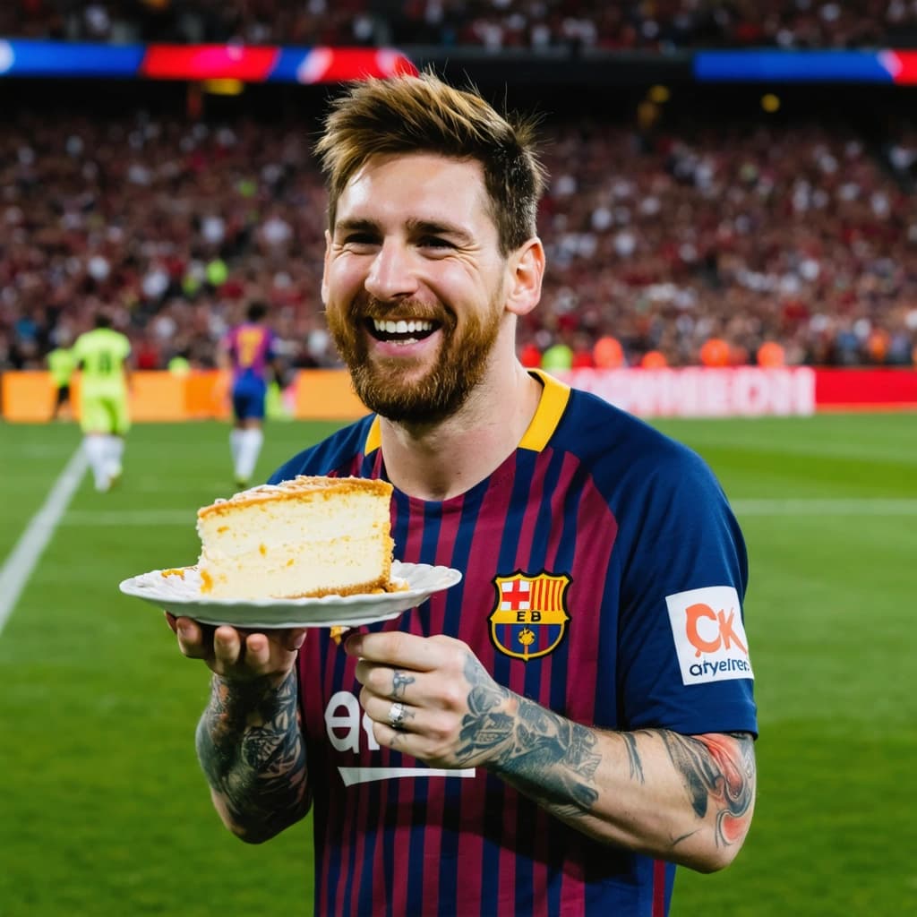 Create a stunning 8k resolution photographic image capturing Lionel Messi in a candid moment, joyfully eating cheesecake on a football field. The scene is lit with soft, natural, high-contrast dramatic lighting, emphasizing the warm tones of the setting sun. Composition adheres to the Rule of Thirds, placing Messi off-center for a dynamic view. A shallow depth of field brings Messi and the cheesecake into sharp focus, with the football goal softly blurred in the background. Capture the texture of the cheesecake in exquisite detail, with crumbs dynamically flying off mid-bite, adding to the candidness of the moment. The overall mood is light-hearted and genuine, showcasing a candid, mid-bite expression of joy from Messi. Ensure the image conveys a cinematic composition with realistic textures, especially in the foreground elements where the cheesecake and its flying crumbs are prominently featured.