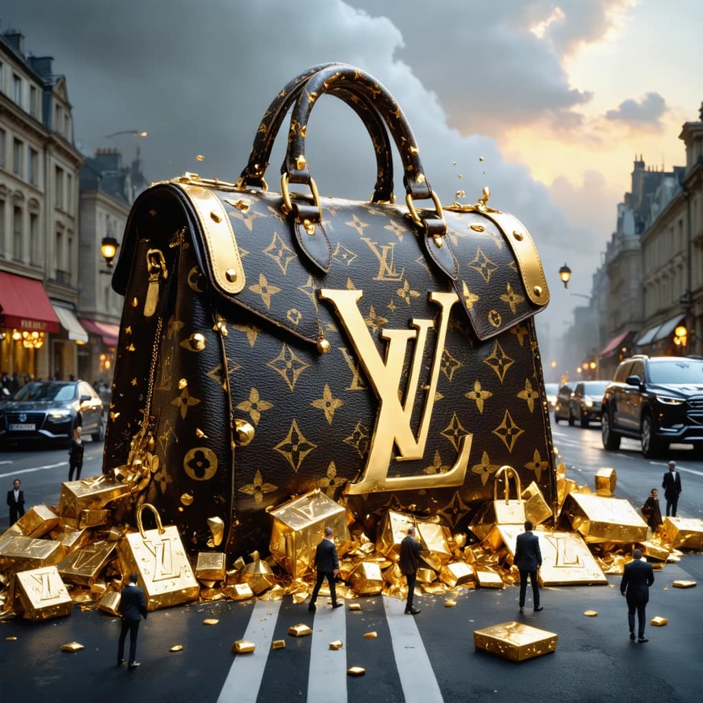 Envision a scene that captures the essence of surreal luxury clashing with the mundane: A colossal Louis Vuitton bag sits in the middle of a bustling road, its golden logo shimmering and embellished, casting an ethereal glow. From its open maw, an avalanche of oversized Louis Vuitton products spills out, creating a river of luxury amidst the asphalt. The scene is alive with motion; tiny figures dart about, their movements blurred into lines of desperation and desire, as they scramble to grasp the cascading treasures. The contrast is stark, highlighting the surreal scale and the whimsical nature of desire – the oversized items dwarf the scrambling people, emphasizing the absurdity of materialism. Around this central spectacle, cars come to a standstill, their forms slightly distorted to enhance the dream-like quality. The colors are vivid, with the golden embellishments of the bag and products glowing against a backdrop of contrasting hues, making the scene pop with life. The composition is dynamic, angled diagonally to inject energy, while dramatic lighting casts long, fantastical shadows, adding depth and a sense of the unreal. Each Louis Vuitton product is rendered with meticulous detail, from the texture of the materials to the iconic patterns, each catching the light to shine sleek and shiny. Amidst this chaos, mini-scenes unfold, telling tales of greed, joy, and the human race for material gain, all underpinned by a magical aura that transforms the everyday into a spectacle of fantasy and escapism.