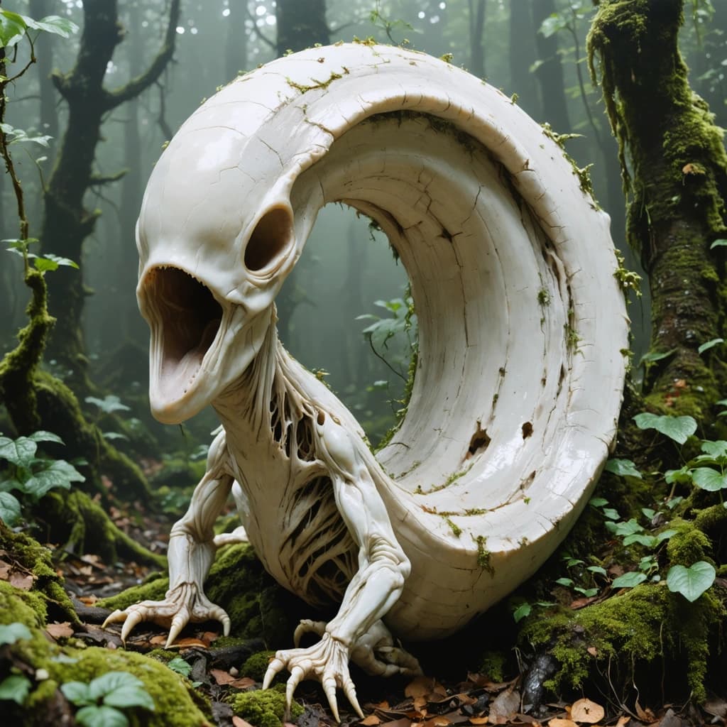 This creature has no arms or legs—just a giant muscular ear lobe for a tail that it uses to slither and push itself forward. Its body is pale like bleached driftwood, with patches of fungus and lichen. A gaping mouth opens at the top of its body like a chimney, exhaling faint spores. Its ears twitch as if listening to the earth. Rendered in muted ochre, clay beige, and moss green. Fantasy creature concept, horror-tinged but organic.