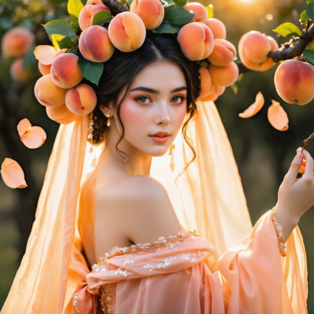 A hyper-realistic image of a Peach Goddess, a graceful woman with delicate peach-toned skin and a velvet-like blush on her cheeks, mimicking the soft fuzz of a ripe peach. She wears a flowing gown in shades of apricot and rose. Her crown is a blooming arrangement of peach blossoms and leaves. Set in a sunlit orchard with golden hour lighting, glowing bokeh in the background, soft sun rays, fluttering petals, and a dreamy, romantic aesthetic. Watercolor touches in soft pinks and yellows enhance the magical mood.

