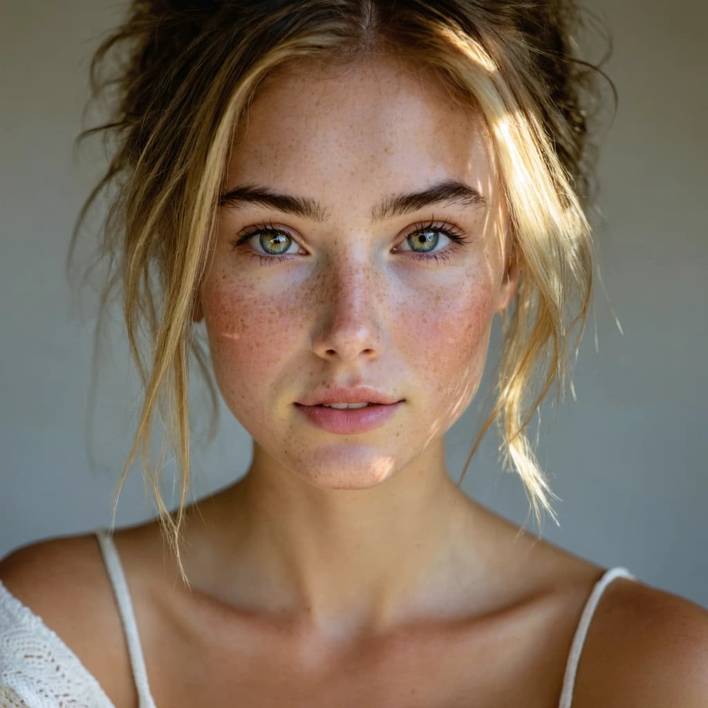 Create an ultra high-resolution portrait, capturing the essence of a young woman with a serene and natural expression. She has beautiful, sun-kissed skin adorned with delicate freckles that catch the light, and her blonde hair glows with health and subtle highlights. The image is bathed in soft, natural light that enhances the warmth of her skin and brings a gentle, flattering effect. Her eyes, lively with catchlights, hold a depth that invites engagement. Positioned according to the rule of thirds, she is set against a soft, neutral background that ensures she remains the focal point. Her hair is styled to enhance its shine and volume, contributing to the overall healthy and vibrant appearance. The composition boasts a subtle vintage color grading, adding a timeless and classic appeal, while the focus on her genuine smile or contemplative expression captures emotional depth. The image should be a testament to professional photography, with sharp focus, realistic textures, and a depth of field that creates a cinematic composition. The final piece is meticulously post-processed to fine-tune contrast and exposure, presenting a polished and professional look.
