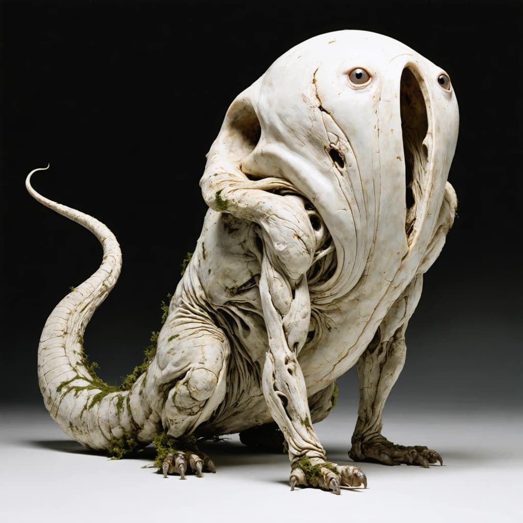 This creature has no arms or legs—just a giant muscular ear lobe for a tail that it uses to slither and push itself forward. Its body is pale like bleached driftwood, with patches of fungus and lichen. A gaping mouth opens at the top of its body like a chimney, exhaling faint spores. Its ears twitch as if listening to the earth. Rendered in muted ochre, clay beige, and moss green. Fantasy creature concept, horror-tinged but organic.”
