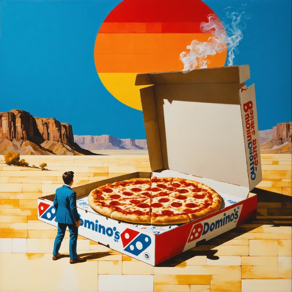 "Design an abstract artwork that plunges the observer into a bizarre, fantastical daydream. The primary subject is a minuscule human character, humorously tiny with a disproportionately large, expressive countenance, appearing to be startled next to a gigantic, slightly ajar Domino's pizza box. The box, dwarfing the small human, discloses smoking, intricately depicted pizza pieces. The event takes place in an immense, empty expanse - a desolate prairie or desert beneath an intense