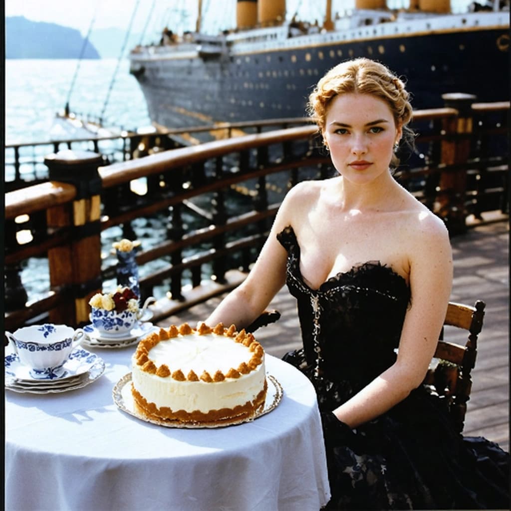 Craft a photographic image capturing Kate Winslet in period-appropriate Titanic fashion, seated gracefully on the deck of the Titanic. She is sharing a moment of serene contemplation and subtle joy with a cheesecake before her, set on a table adorned with vintage Titanic tableware and decor. The composition adheres to the Rule of Thirds, showcasing an overhead shot that emphasizes the textures of the cheesecake, with a handwritten letter from Jack subtly visible under the plate. Soft, diffused lighting bathes the scene, enhancing the soft pastel tones of the setting and her attire, creating a mood of wistful elegance. A shallow depth of field focuses attention on Kate's expression and the cheesecake, blurring the background slightly to emphasize these elements. A seagull perched nearby adds a touch of dynamic interaction without disturbing the overall sense of stillness. The image should exude a high-quality, 8k resolution, professional photography look, with sharp focus, realistic textures, natural lighting, and a cinematic composition that evokes a strong emotional narrative.