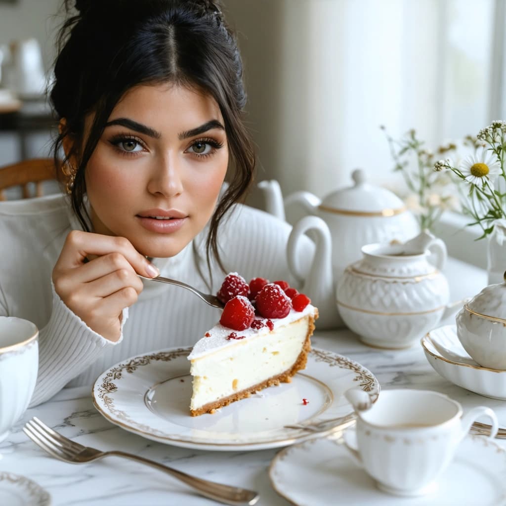Create a photographic image capturing a close-up moment of Kylie Jenner, the main subject, elegantly seated at a table adorned with minimalistic decor and sophisticated tableware, softly illuminated by diffused, natural light that wraps the scene in warmth. She is about to savor a bite of a richly textured cheesecake, with a subtle smile playing on her lips that speaks volumes of the delicacy's delight. The composition is intimate, shot from an eye-level perspective to forge a personal connection, focusing on the cheesecake with a shallow depth of field that blurs the soft-focus background, emphasizing the moment's coziness. Warm tones envelop the scene, enhancing the inviting ambiance, while the cheesecake's texture is vividly detailed against the elegant backdrop. Motion is gently captured as Jenner takes a bite, adding life to the stillness. Subtle color grading in post-processing enhances the warm, inviting look, ensuring every detail contributes to the overall cozy, inviting feel of the image.