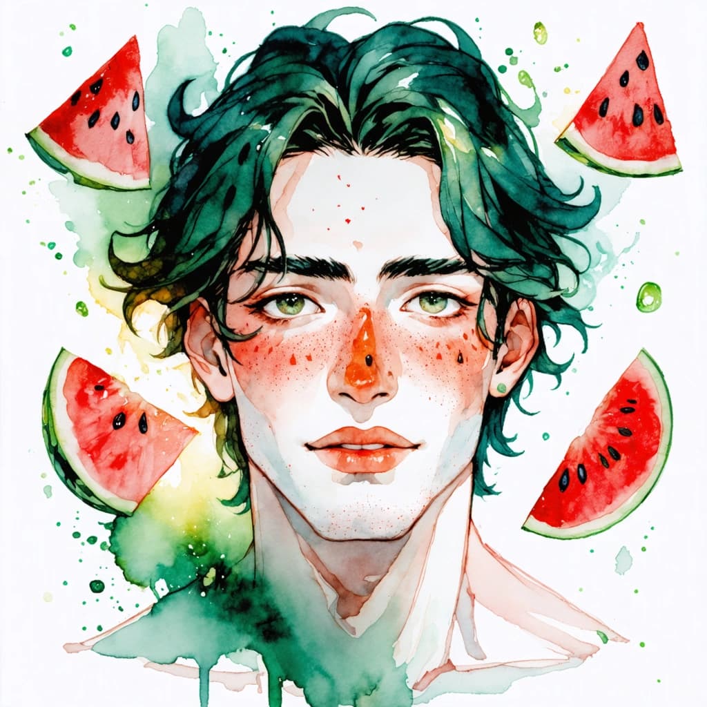 A soft watercolor potrait of a man  with pinkish-red skin dotted with black seed-like freckles. Their hair flows in dark green waves like watermelon rind. Surrounded by watercolor splashes in lush greens and rose reds. Floating slices of watermelon and glowing translucent seeds add magic. Delicate lighting, soft edges, and a playful yet dreamy composition.
