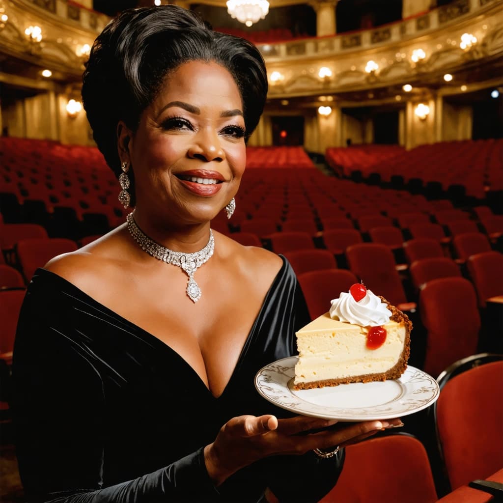 Refine the following scene to a stunning visual nugget: "Oprah Winfrey, in the midst of relishing on a petite yet decadent cheesecake, is gracefully perched within the resplendent confines of an opera house. Each fine detail is accentuated by a soft, soothing glow that bathes the scene in full-bodied, warm hues, illuminating the delight etched on Oprah's face as she savors a luscious mouthful. Adhere to the principle of thirds to structure her with elegance, maintaining a shallow depth of field that leaves Oprah in a crisp and clear foreground against the intricately understated backdrop of the opera house's grandeur. A shoulder-shot perspective pulls the observer into this private moment, with Oprah's opera glasses nestled close by, injecting an air of cultured refinement. The complete tableau emanates a retro allure, mirroring an emotive moment frozen in time on a celluloid frame. Ensure that the created image resonates with the ultra-high definition of 8k resolution, boasting lifelike textures, and a filmic arrangement that narrates a tale stretching beyond what meets the eye. Don't forget the magnificent attire Oprah is flaunting that works wonderfully in contrast with the miniature size of the cheesecake."