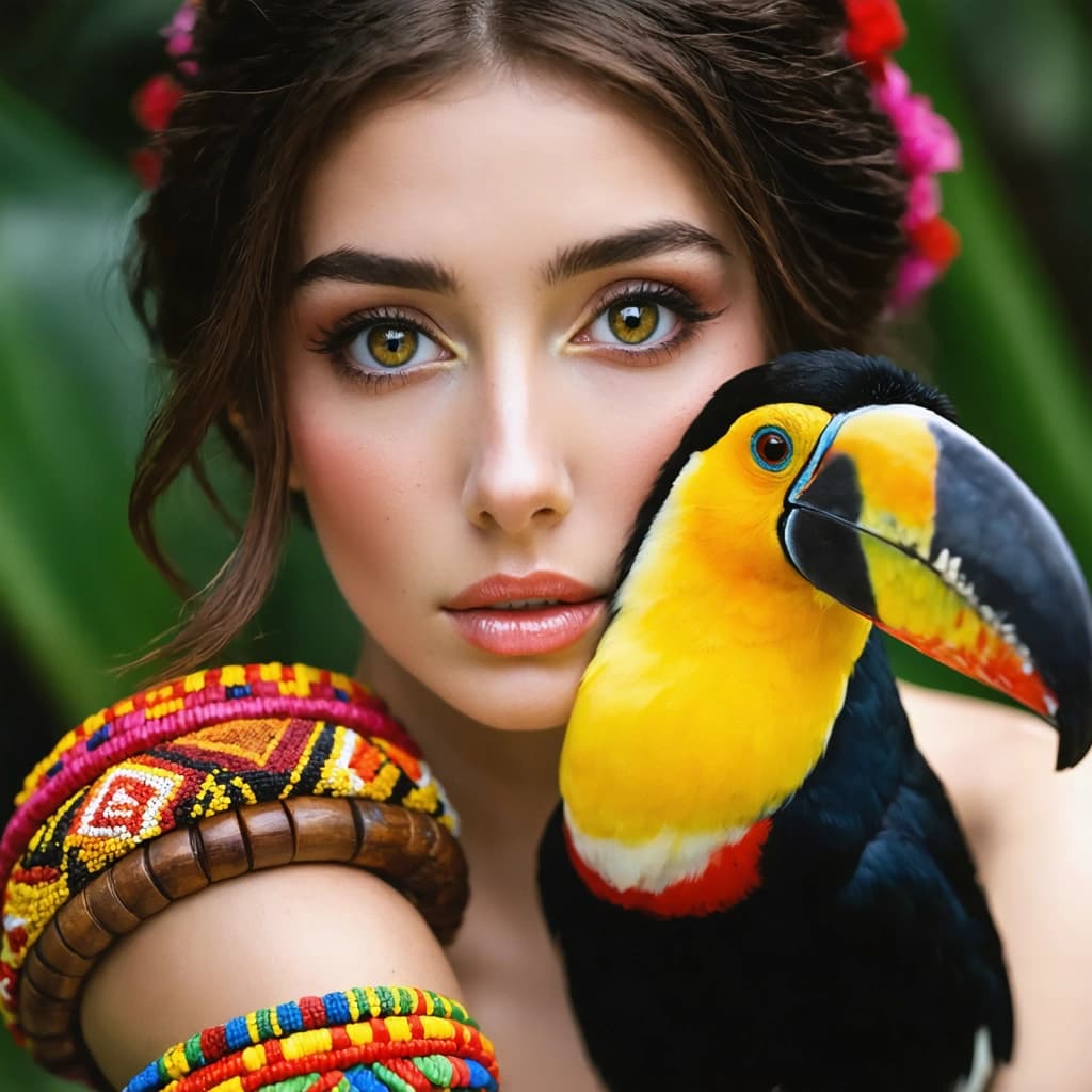 Create a hyperrealistic photographic image capturing a serene moment between a model and a toucan. The model, with a fair complexion and brown hair, gazes into the camera, her hazel eyes enhanced by toucan-colored makeup, reflecting the vibrant hues of the toucan perched gently in her hand. Close-up framing focuses on the intricate details of this interaction, emphasizing the soft, diffused lighting that casts a whimsical glow. The model's big colorful wooden bangles complement the toucan's feathers, while her nude-colored nails and lips add a subtle touch of elegance. The background is a simple blur, allowing the viewer's attention to dwell on the textures of the toucan's feathers and the model's serene expression. The overall composition balances color harmony with a selective focus on the eyes, creating a captivating, enchanting atmosphere.