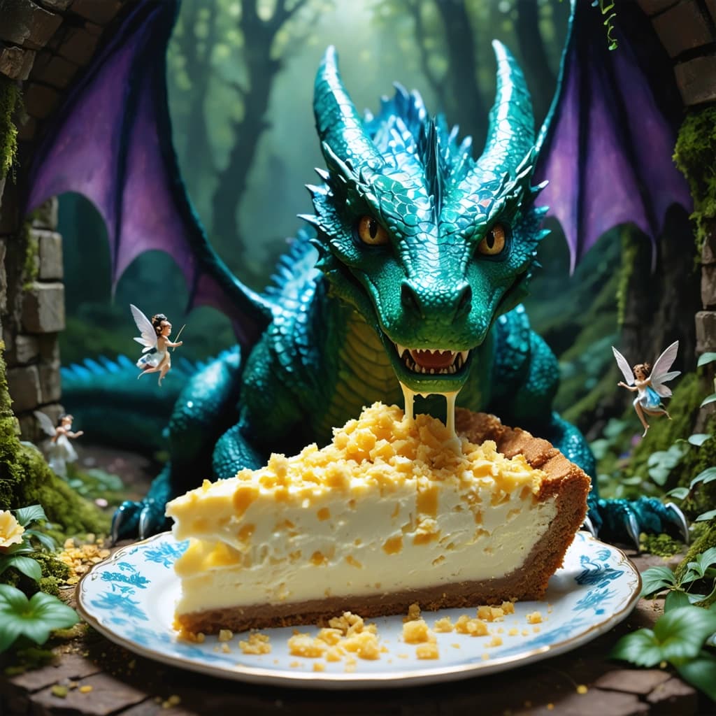 Craft a photographic image capturing a whimsical yet majestic moment, where a vibrant dragon in a dungeon indulges in a slice of oversized cheesecake. The scene unfolds in a fantasy forest setting, viewed over the shoulder of the dragon, emphasizing its richly colored scales and the detailed texture of the cheesecake crumbs. Soft, natural lighting bathes the scene, highlighting the dragon's joyful facial expression as it reaches for the cheesecake, with a focused glow illuminating its eye through a shallow depth of field. Surrounding this enchanting moment are tiny fairies, observers to the dragon's delight. The composition marries the fantastical with the photographic, using a cinematic composition and a rich color palette. Special attention is given to the realistic textures and a soft focus glow around the dragon, enhancing the overall magical yet lifelike quality.