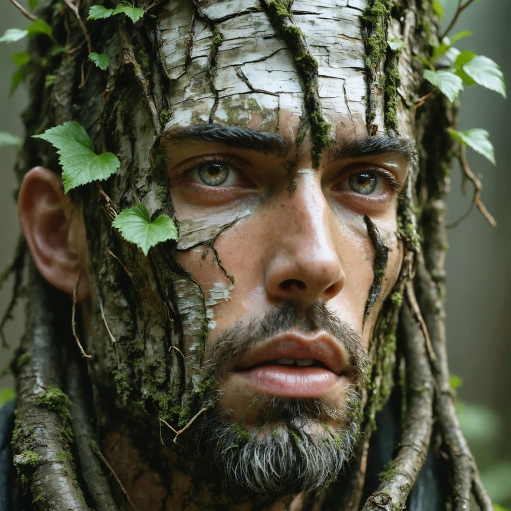 A close-up portrait of a man with realistic bark-like texture spreading across parts of his face and neck, seamlessly transitioning into branches and leaves growing from his scalp like hair. Hyper-real lighting, earthy color palette, macro lens effect, botanical surrealism, soft background bokeh, 8K detail."