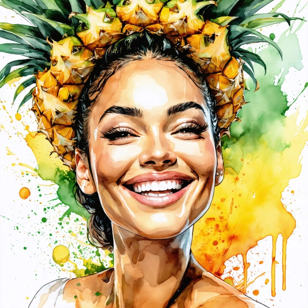 A bold watercolor image of a cheerful woman with golden-yellow skin and subtle pineapple texture. His hair is a vibrant crown of spiky green pineapple leaves. Background explodes with tropical watercolor splashes in citrus yellow, lime, and burnt orange. Floating pineapple rings and juicy paint drips surround him. Expressive, beaming smile with high-energy color pools and playful light effects.