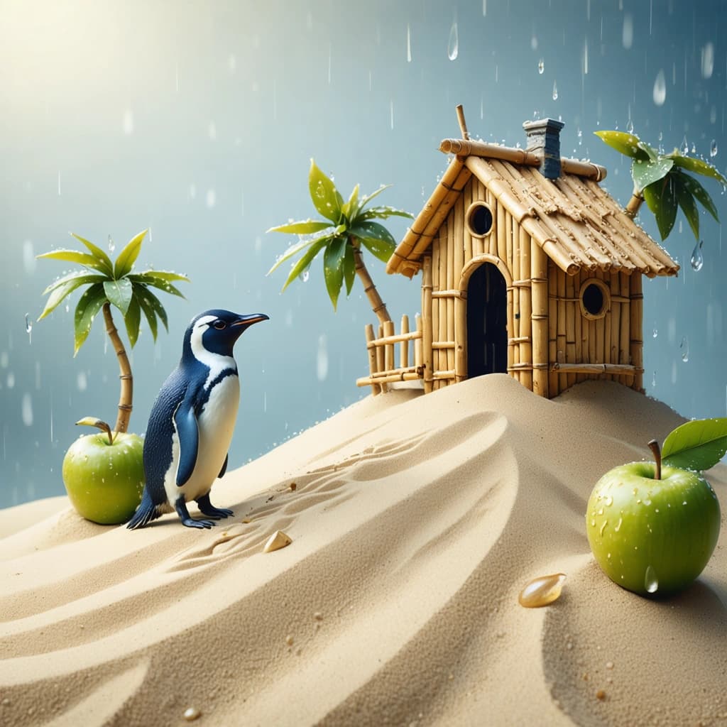 Create a high-resolution, photographic image capturing a royal blue, isometric penguin stepping out from a quaint bamboo house perched atop a vibrant sand dune. The scene unfolds under a gentle rainfall that adds a serene atmosphere, with soft, diffused lighting enveloping the landscape, enhancing the rich textures of the sand and the glossy wetness of raindrops. Nearby, apple trees, thriving and bearing fruits that resemble oversized 3D watermelons, inject a delightful contrast of shapes and textures. The composition is diagonal, expertly guiding the viewer's eye through this enchanting tableau to the oversized watermelons that serve as a captivating focal point. From a bird's eye view, the scene includes tiny footprints trailing the curious penguin, adding an intimate touch against the vastness of the landscape. The sky above is dramatic with brewing storm clouds, occasionally pierced by lightning, adding a dynamic element to the whimsical setting. The entire scene is characterized by its sharp focus, realistic textures, and a cinematic composition that captures the magical and interactive elements, including sparkling effects and interactive raindrops, with a subtle ambiance of rainfall sounds.