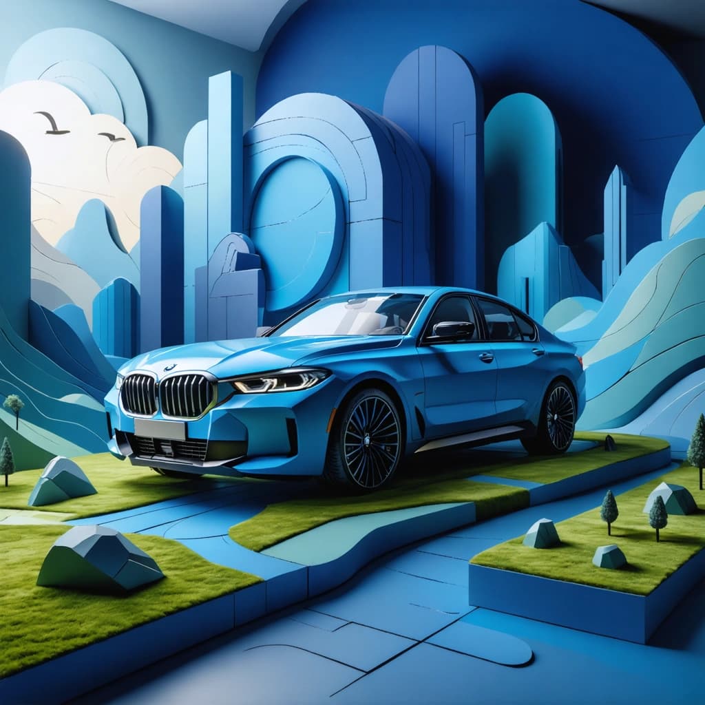 Envision an abstract masterpiece, highlight bmw logo , where at its core stands a giant enomrous 3d isometrirc BMW, its contours and edges sharply defined in a striking shade of blue that seems to pulsate with energy. This isometric marvel is positioned dominantly in an abstract battle field, where the grass subtly hints at geometric patterns, leading the eye towards the car. The depth of field is meticulously adjusted to enhance the car's formidable presence against a backdrop of a tempestuous sky, the clouds swirling dynamically as if in motion. The scene is bathed in the ethereal glow of golden hour lighting, casting dramatic shadows and highlighting the BMW's sleek reflections and detailed branding elements with an almost hyperreal clarity. The composition is daring, with leading lines that draw the viewer into the scene, surrounded by miniature elements that exaggerate the car's grandeur. Color grading experiments bring out a vivid contrast between the deep blues of the BMW and the tumultuous sky, creating an atmosphere thick with anticipation. The textures, especially the reflections on the car’s surface, are rendered with such detail that they add an almost tactile quality to the image, making the abstract scene pulse with life., highlight bmw logo 