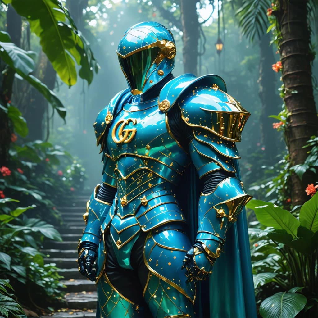 Envision a majestic scene where a giant, embodying the essence of luxury and fashion, stands tall in a vibrant, lush garden. This giant is clad in a futuristic warrior suit, meticulously crafted from Gucci's finest elements. The armor, a dazzling array of polished leather and glossy patent finishes, features the iconic glowing Gucci double-G logo on the chest and gauntlets. Integrated into this magnificent armor are stylized versions of Gucci's signature shoes - sleek loafers and sneakers, artistically adapted into the armor's plating on the arms and legs. Belts adorned with the classic green-red-green stripes encircle the waist and thighs, their golden buckles catching the light, while flowing silk scarves with Gucci’s floral prints cascade from the shoulders, animated by a gentle breeze. The scene is set in an enchanted garden, where exotic plants flourish alongside ornate marble paths, all under a warm, soft diffused light that enhances the rich jewel tones of the scene. The composition, following the rule of thirds, lends depth and perspective, with foreground elements in sharp focus, leading to a dynamic diagonal composition that guides the eye. Artistic effects, like the glow surrounding the logos and the fluttering fabrics, add a sense of motion and flow, creating a scene that's both abstract and grounded in the unmistakable identity of Gucci. The image is rendered in stylized isometric 3D concept art, with ultra-detailed textures and an 8K resolution that brings this abstract vision to life, emphasizing the luxury and elegance of the scene.