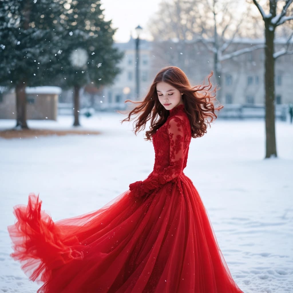 Craft a photographic masterpiece capturing a girl adorned in a striking red ball gown, her hair elegantly caught in the act of flying amidst softly falling snowflakes. The scene is bathed in the gentle embrace of soft natural light, highlighting the serene expression on her face and the intricate details of her gown. Employ the rule of thirds to compose this image, enhancing the red saturation of her gown against the textured backdrop of pristine snow, creating a vivid contrast. Freeze this moment with a fast shutter speed to capture the motion of her hair and the snowflakes suspended in time. A shallow depth of field should bring her into sharp focus, with a close-up on the gown's details, while subtly blurring the icy surface that mirrors her refined silhouette. Surround her with a natural frame, possibly through the interplay of light and shadow, enhancing the overall elegance of her posture. Incorporate a vintage film effect in post-processing to evoke a timeless feel, ensuring the texture of the gown contrasts beautifully against the snow, and the scene captures the essence of motion, reflection, and an ethereal mood.