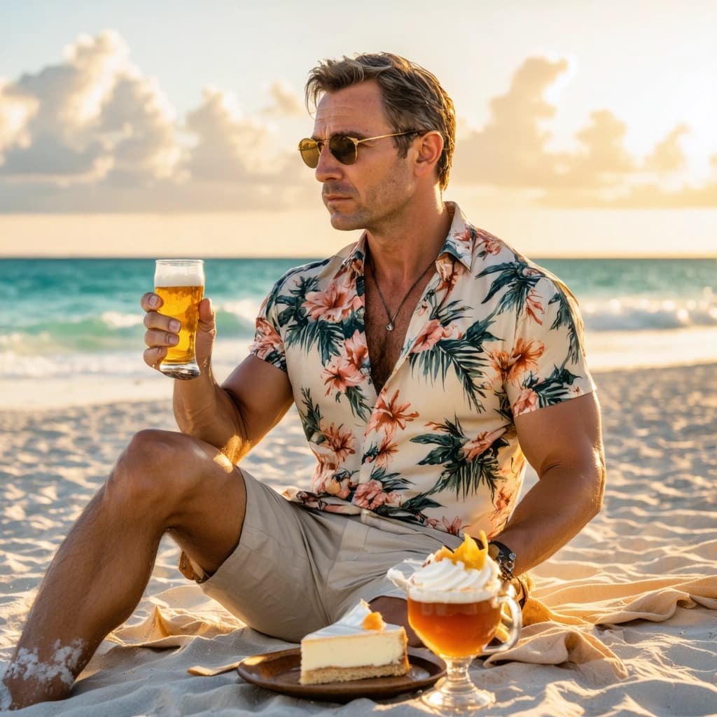 Capture the essence of James Bond, the quintessential spy, unwinding on a picturesque Miami beach at golden hour. He's seated casually, embodying a rare moment of leisure, donning a floral t-shirt with a vintage filter and beige linen shorts, exuding a relaxed yet confident aura. Positioned according to the rule of thirds, Bond engages with a delectable slice of cheesecake, a beer by his side, under the soft, warm glow of the setting sun. The composition is dynamic from an overhead perspective, focusing on the vibrant textures of the sand and the close-up details of the food and beverage, enhancing the storytelling. Surrounding him, the silhouette of palm trees stretches across the background, with a subtle motion blur adding life to the scene. The shallow depth of field ensures Bond remains the focal point, while spy equipment subtly integrated into the scene hints at his true identity. The image's warm, tropical color palette complements the natural, casual hand gesture he makes, inviting viewers into this unique moment. Ensure the image exudes high-quality, 8k resolution, showcasing realistic textures, natural lighting, and a cinematic composition that brings this serene yet intriguing scenario to life.