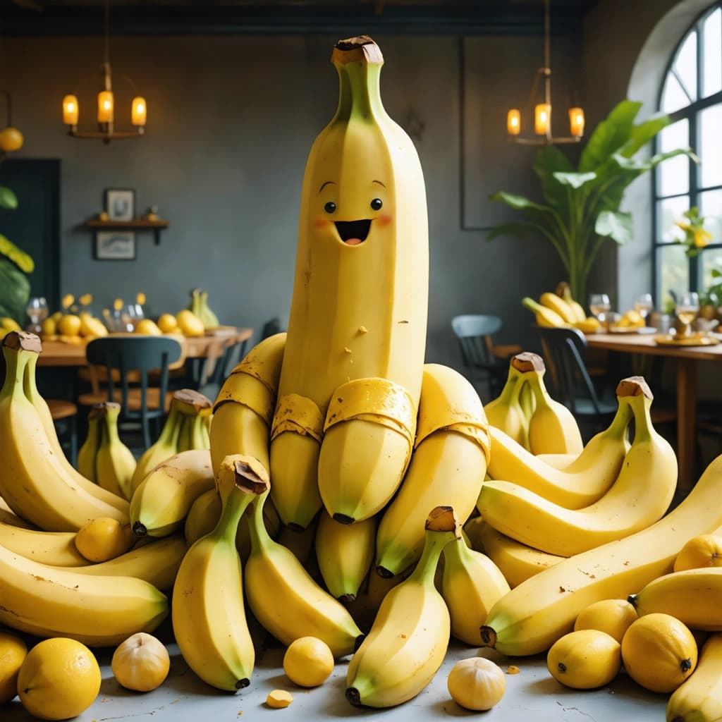 Imagine a character unlike any other, the Banana Man, with a body shaped like a ripe, vibrant banana, complete with human-like features. His face is expressive, eyes wide with delight, mouth agape in anticipation of the feast before him. He's not alone; surround him with a bounty of bananas scattered across the floor, on tables, creating a room filled with these golden treasures. The Banana Man is dressed in banana peel clothing, adding a unique flair to his character. In the foreground, hang bunches of bananas, adding depth and inviting the viewer into the scene. The environment is bathed in soft, ambient light from above, casting gentle shadows and highlighting the textures of each banana's skin. Incorporate earthy colors - shades of yellow, brown, and subtle greens, enhancing the natural feel of the scene. Implement dynamic composition using the rule of thirds, positioning Banana Man engagingly within the frame. Add a touch of abstraction with geometric banana patterns subtly integrated into the background, blending the line between the real and the imaginative. Capture a moment of motion and playfulness as Banana Man reaches for a banana, perhaps even juggling a few, with a soft blur to convey movement. Throughout, maintain a playful, humorous tone, with smiling banana characters adding to the whimsy. Illuminate the scene with a soft glow on the bananas, creating a contrast against the darker background, emphasizing the lively interaction in this unique, game-ready asset.